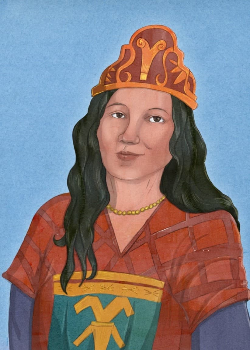 Tecknat porträtt av en kvinna vid namn Malinche som har långt mörkt hår och kläder i röda, gula och gröna färger. 