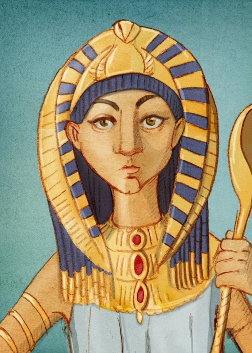 Piirustus Kleopatrasta, joka seisoo sinivihreää taustaa vasten. Hänellä on kullasta ja sinisestä koostuva egyptiläistyylinen kruunu, koristeellinen kaulakoru suurilla punaisilla jalokivillä sekä kultainen valtikka, jonka päässä on käärmeen muoto. Ohjelma: Historierummet på finska, jakso: Kleopatra: Egyptin legendaarinen kuningatar.

På svenska:

Teckning av Kleopatra mot en blågrön bakgrund. Hon bär en egyptisk krona i guld och blått, ett pråligt halsmycke med stora röda juveler samt en gyllene spira med ett ormliknande huvud. 