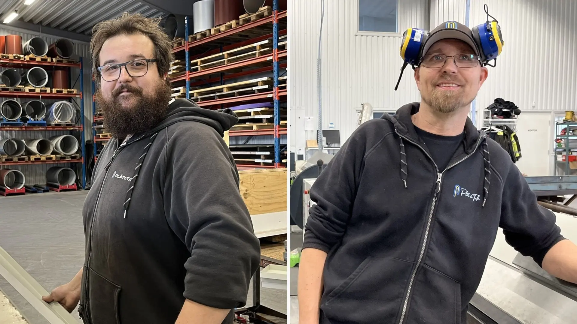 Delad bild. Till vänster syns plåtslagaren Martin Lundqvist som står i en lokal med hyllor fyllda av rör och material i bakgrunden. Han bär glasögon och en mörk hoodie. Till höger syns egenföretagaren Martin Vanberg som står i en industriell verkstad, klädd i en mörk hoodie med hörselskydd på huvudet. Verktyg, maskiner och arbetsbänkar syns i bakgrunden.