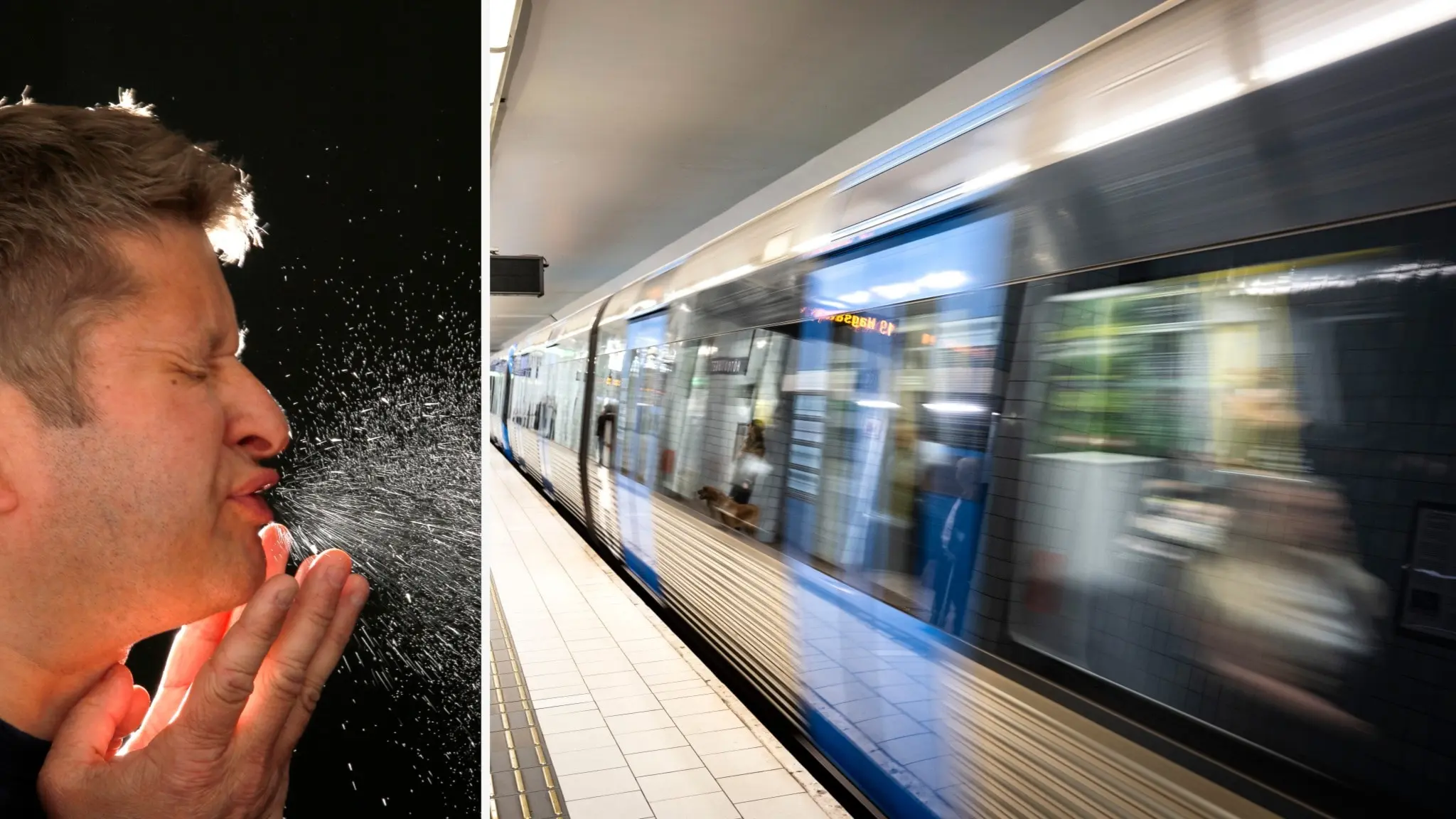 Till vänster syns en person som nyser, och till höger en tunnelbanevagn som passerar en station i hög fart.