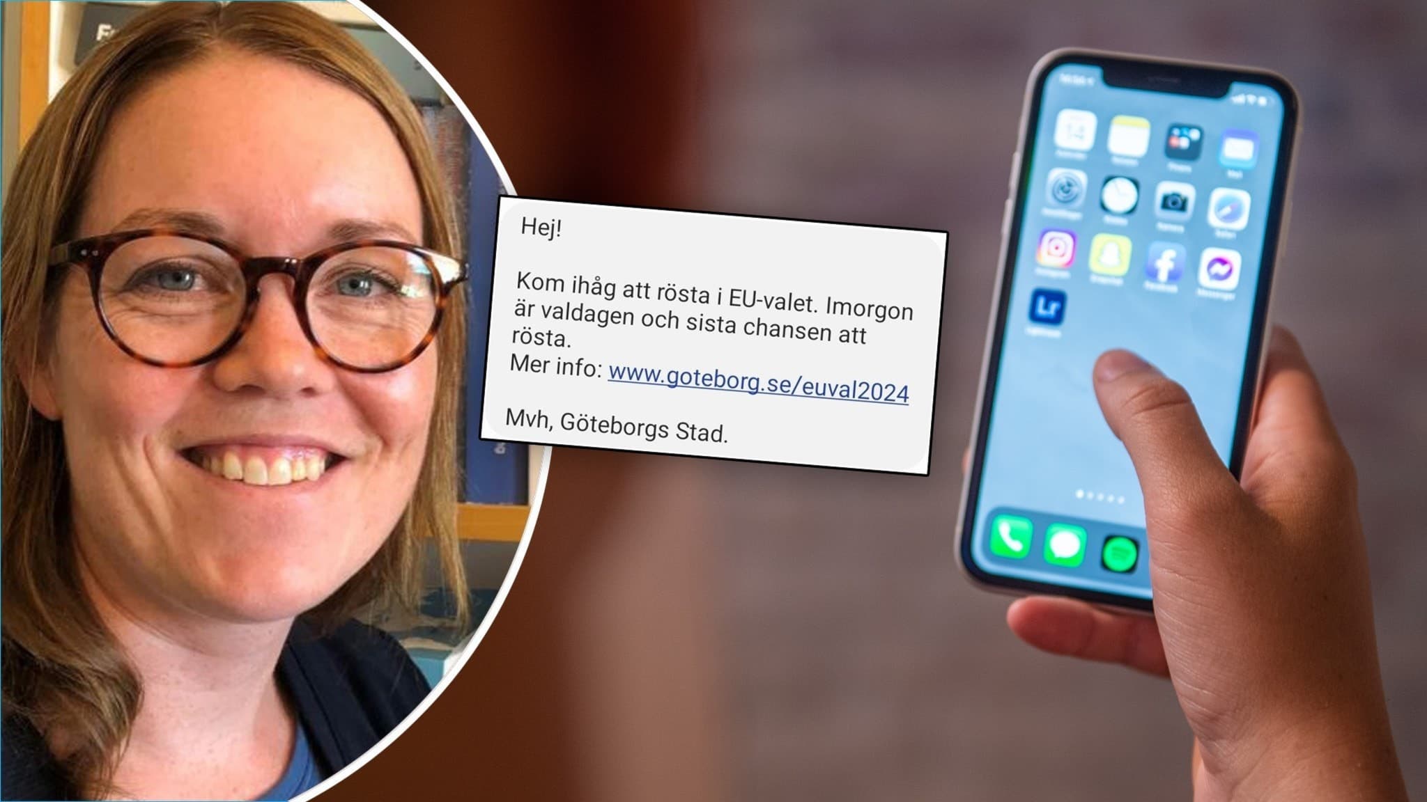 Kvinna med glasögon till vänster, mobiltelefon till höger, sms infällt i ruta
