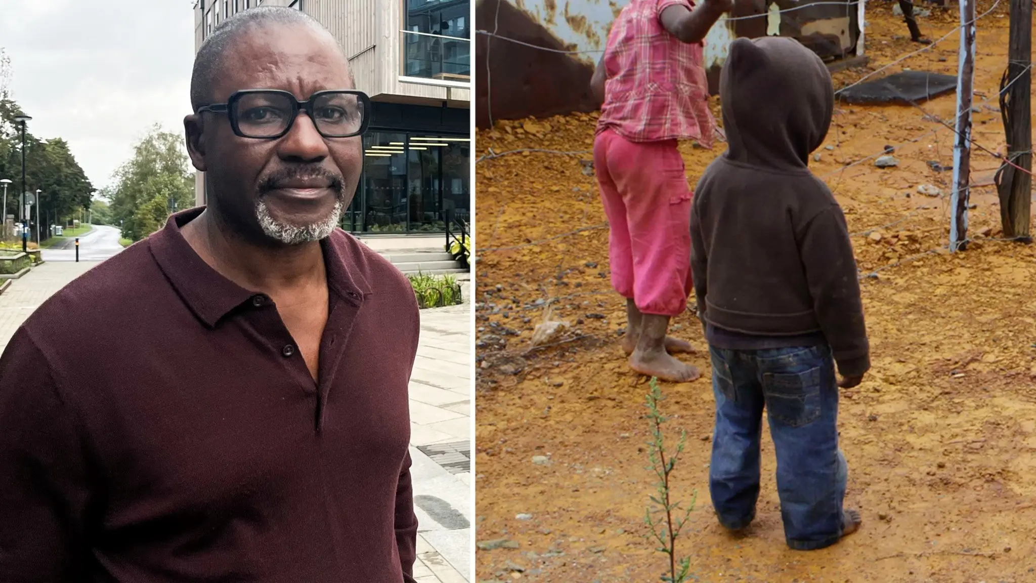 Kojo Ansah-Pewudie står utomhus i en vinröd tröja och uttrycker starka känslor mot guldsmugglingen. Bredvid syns ett barn i brun hoodie och jeans på en grusig mark.