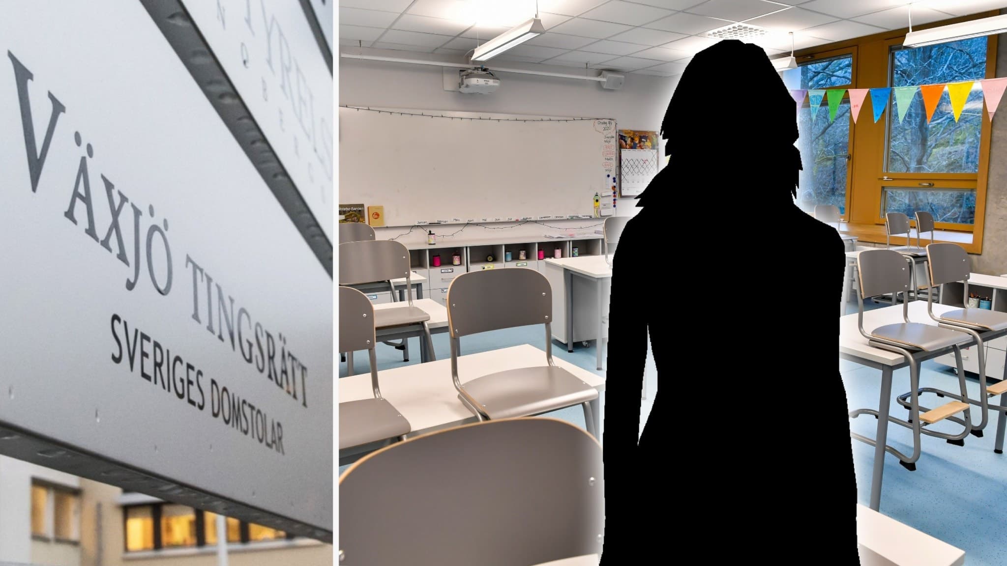 Bildmontage med Växjö tingsrätts skylt till vänster och ett klassrum med tomma stolar till höger. Siluetten av en kvinna står i förgrunden, kopplad till en kontroversiell anställning.