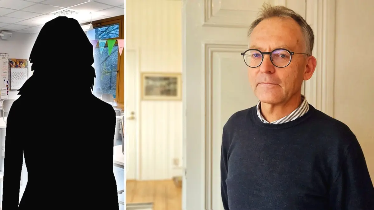 Advokat Gunnar Larsson står inomhus med en neutral min, klädd i mörkblå tröja och skjorta. Bilden illustrerar hans roll som försvarare i ett uppmärksammat rättsfall. Bilden bredvid visar en skolsal med en silhuett av en kvinna monterad ovanpå. 