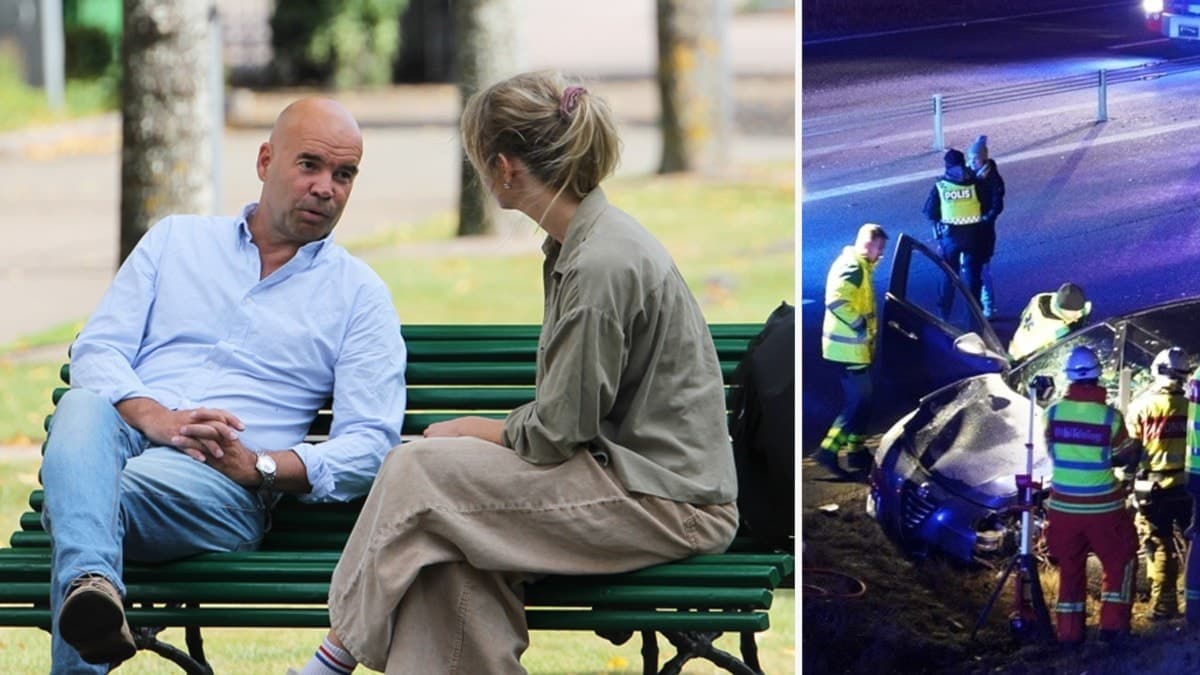 John Malmqvist och reportern sitter på en bänk och pratar med varandra. Till höger bild på räddningspersonal på plats vid bilolyckan.