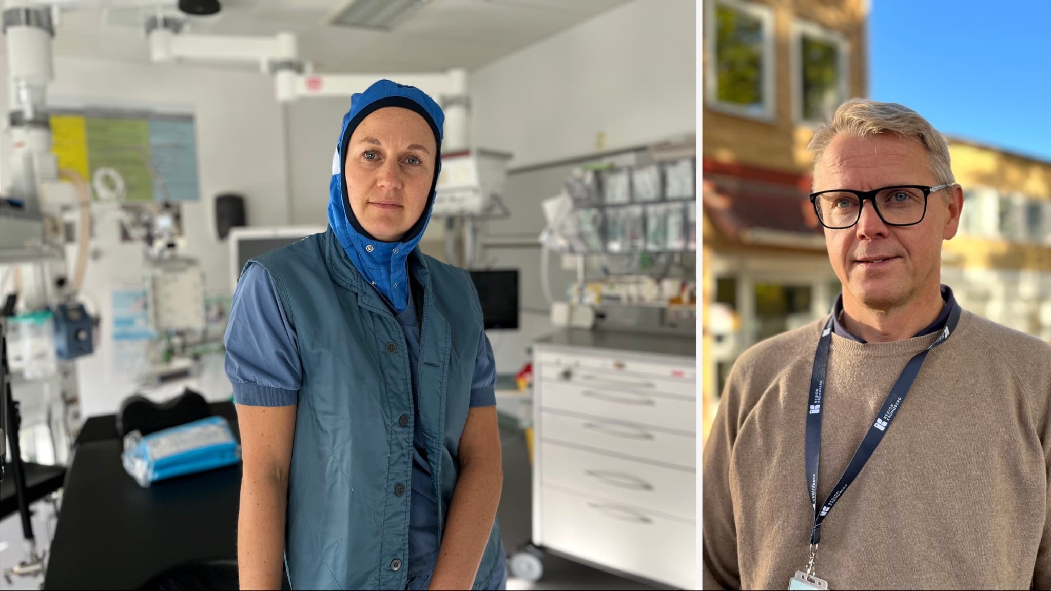 Narkossköterskan Elin Ejdebrant i en sjukhusmiljö talar om arbetsmiljöproblem, medan fastighetschefen Patrik Hjelm står utomhus och söker lösningar på problemen.