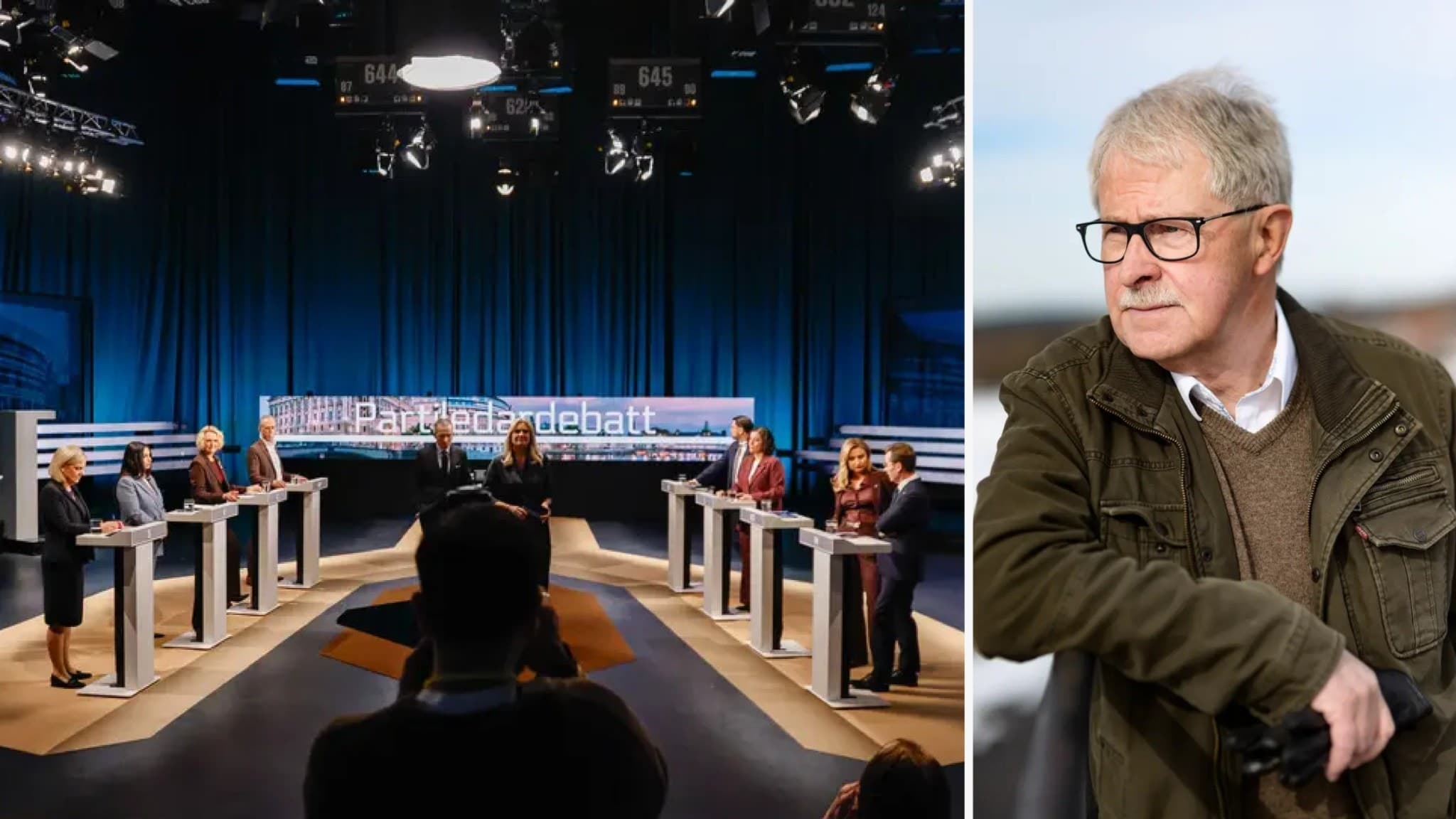 Bildmontage med Sverker Olofsson och en partiledardebatt. Debatten utspelar sig i en studio med flera politiker vid stående podium under stark belysning.