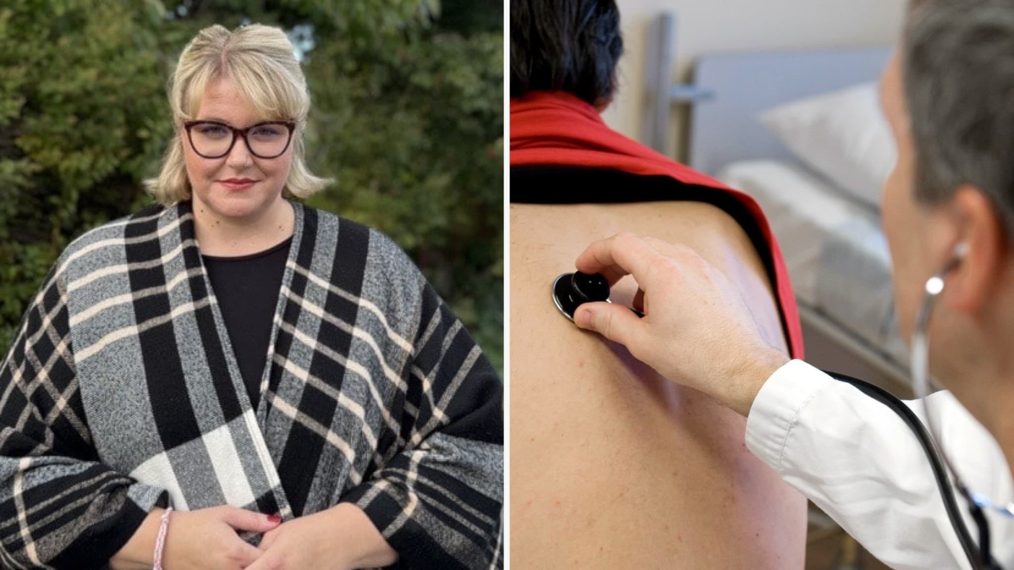 Viktoria Jansson står i rutig poncho på en asfalterad väg med gröna buskar i bakgrunden och en läkare som lyssnar på patients hjärta.