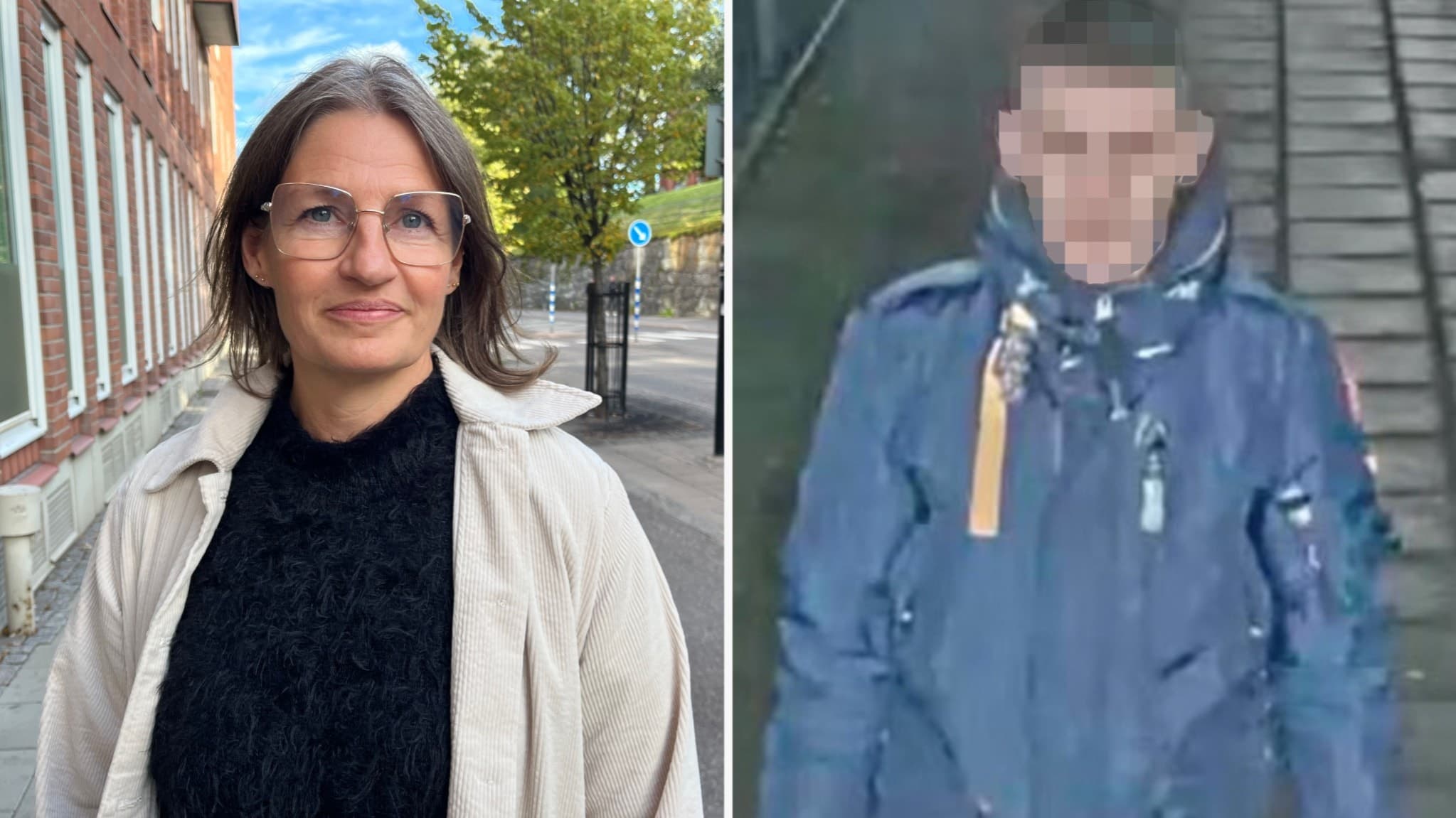 Sara Anselmby, tillförordnad polisområdeschef i Västernorrland, står utomhus med en tegelbyggnad i bakgrunden. Till höger syns en person klädd i mörk jacka vid en tågperrong.