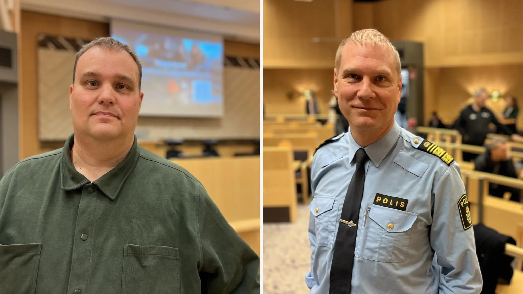 Två bilder: Robert Gatugård, samordnare för narkotikaförebyggande arbete på Sundsvalls kommun, i en möteslokal och Josef Wiklund, chef polisområde Västernorrland i kommunens fullmäktigesal. 