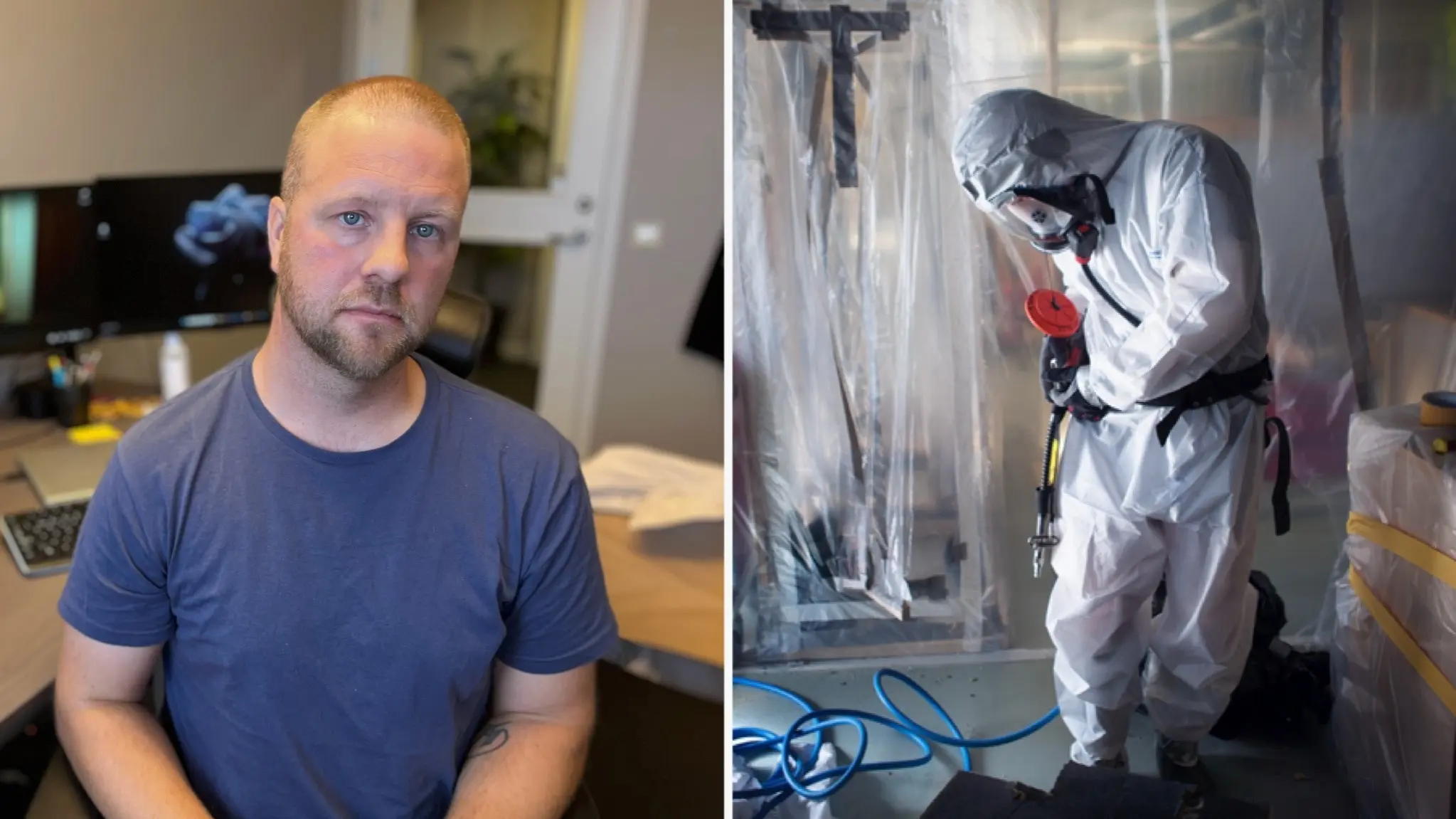 Bild till vänster: Markus Lindström, Byggnads Sundsvall, regionalt skyddsombud Mellannorrland, sitter i ett kontor med dataskärm i bakgrunden.
Bild till höger: Person klädd i skyddsutrustning utför asbestsanering i ett rum med plastskynken och utrustning på golvet. Fokus på säkerhet och arbetsmiljö vid hantering av farliga material.