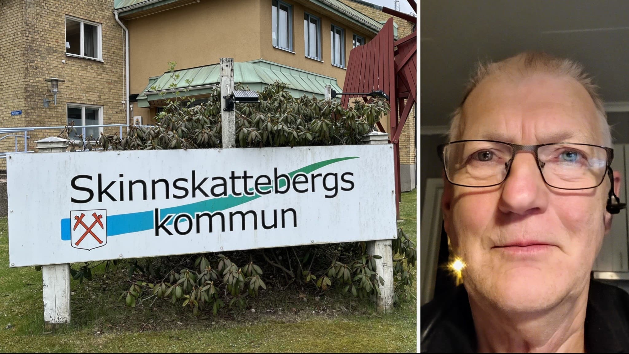 Splitbild: Skylt med texten 'Skinnskattebergs kommun' framför en byggnad med gul fasad. Kommunens symbol syns på skylten, och omgivningen har grönska och gräs. Lennart Lidquist, en man med glasögon, ordförande i KFM.