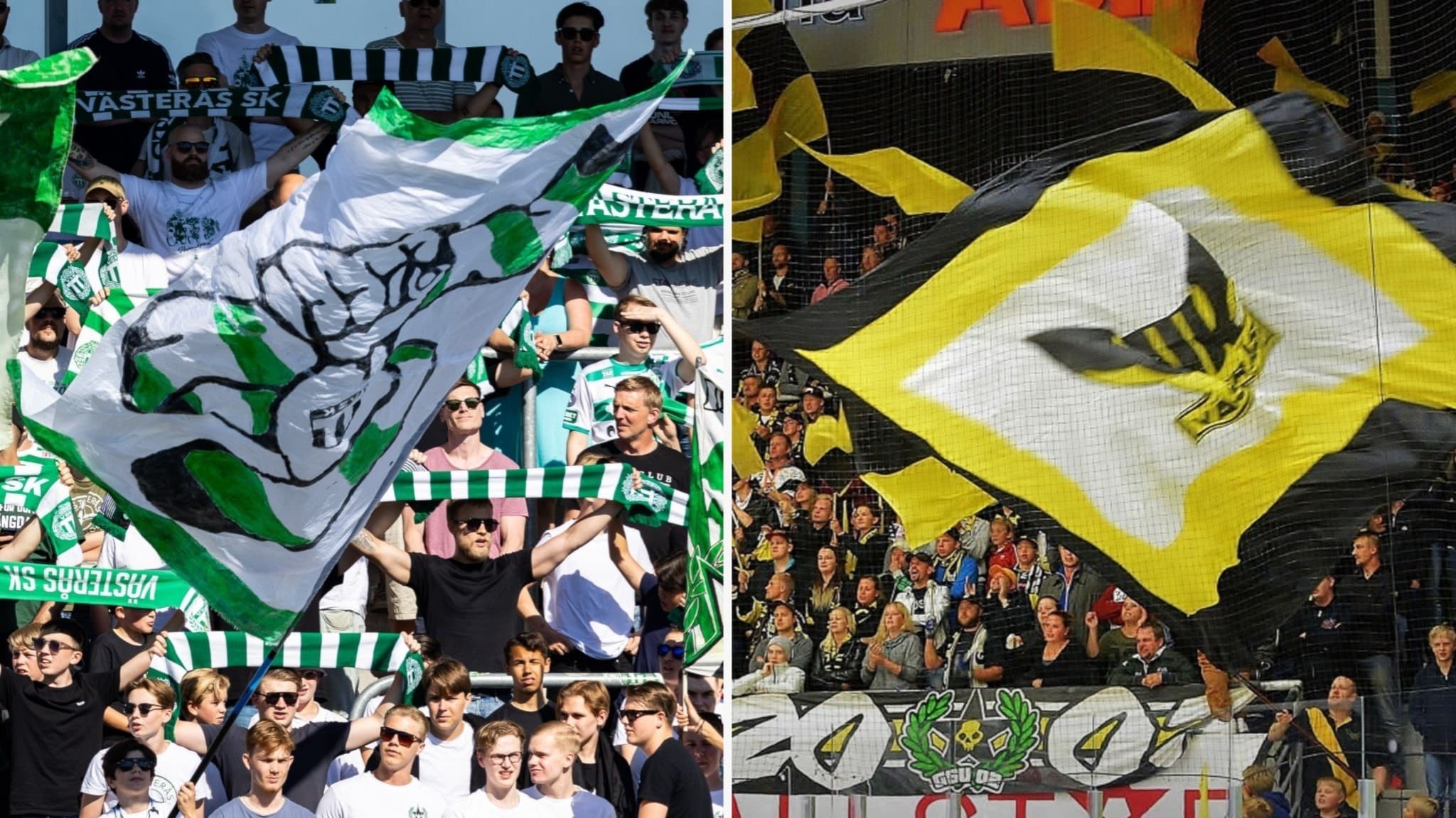 Två läktare fyllda med supportrar. På vänster sida syns en stor grön-vit flagga med ett motiv av ett ansikte, och på höger sida en gul-svart flagga med ett motiv av en geting.