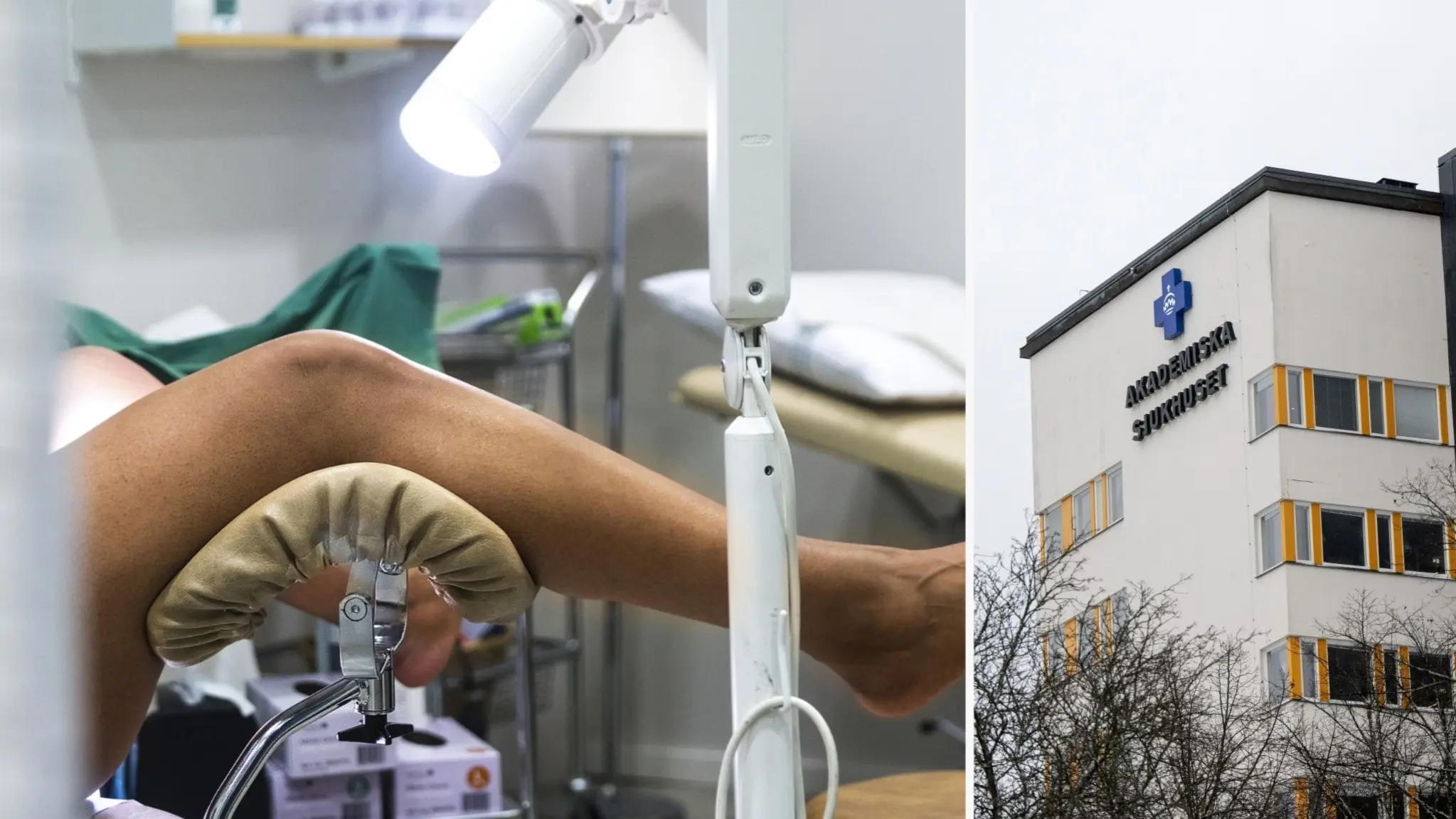 Bildmontage som visar en genrebild som illustrerar en gynekologisk undersökning och exteriören av ett sjukhus med skylten "Akademiska sjukhuset" till höger.