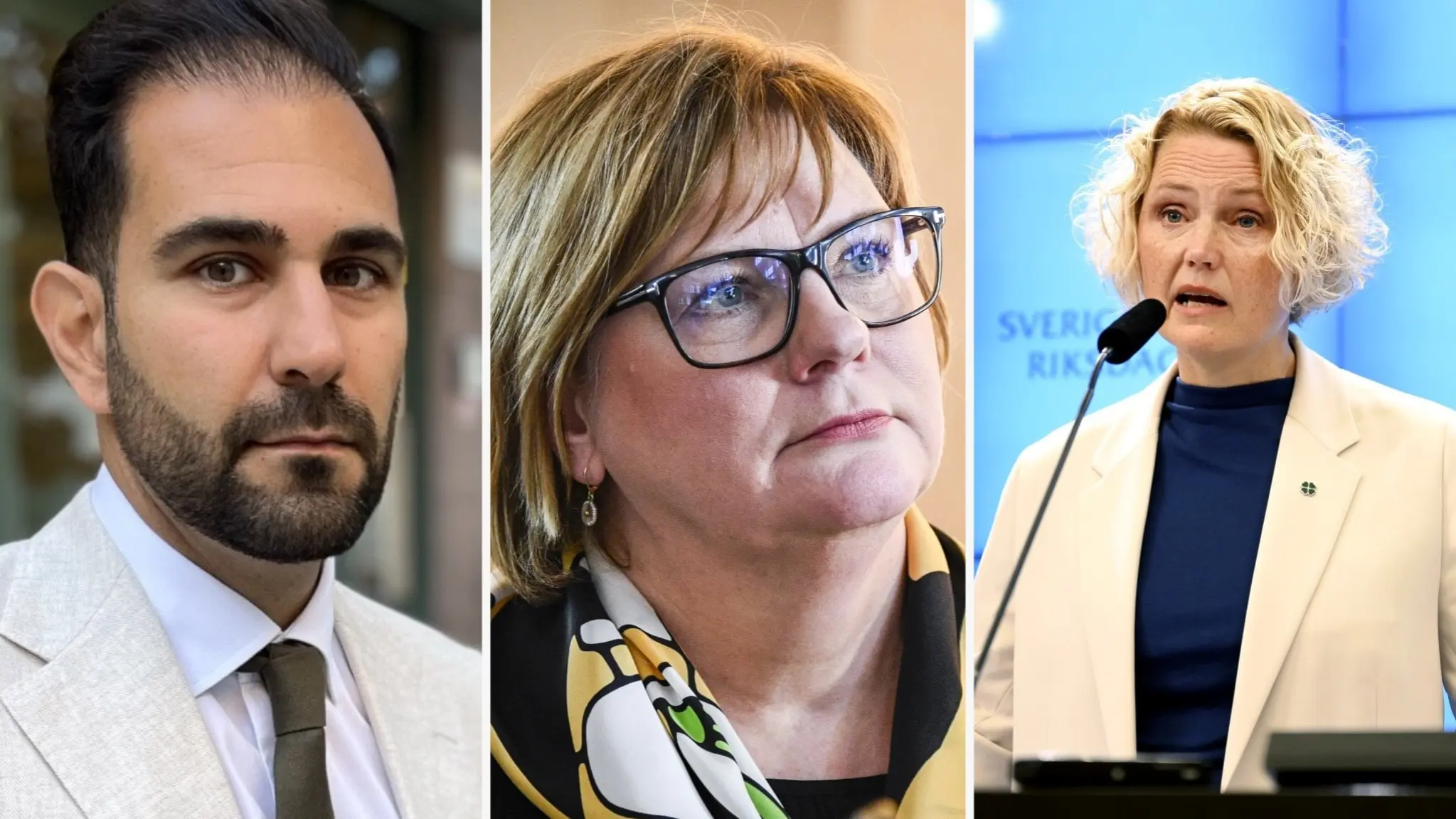 Tre personer klädda i formella kläder, inklusive en man i kostym, en kvinna i sjal runt halsen och en kvinna i ljus kavaj, står bredvid varandra. Bilden har en professionell presentation med en blå bakgrund.