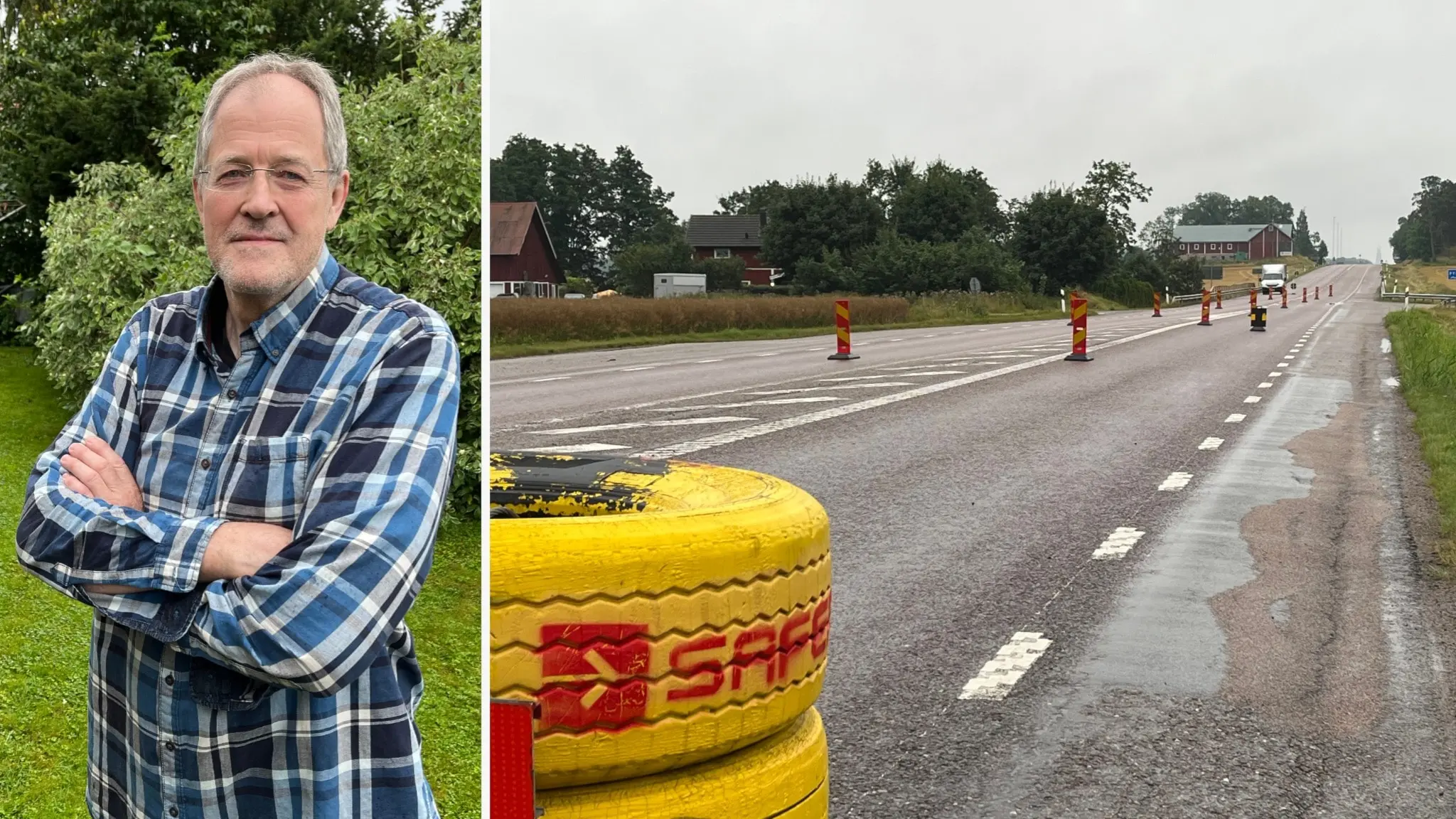 En avspärrad landsväg med säkerhetsbarriärer och koner. I bakgrunden syns ett bostadsområde och träd. Till vänster en person i rutig skjorta med armarna i kors på en gräsplan.