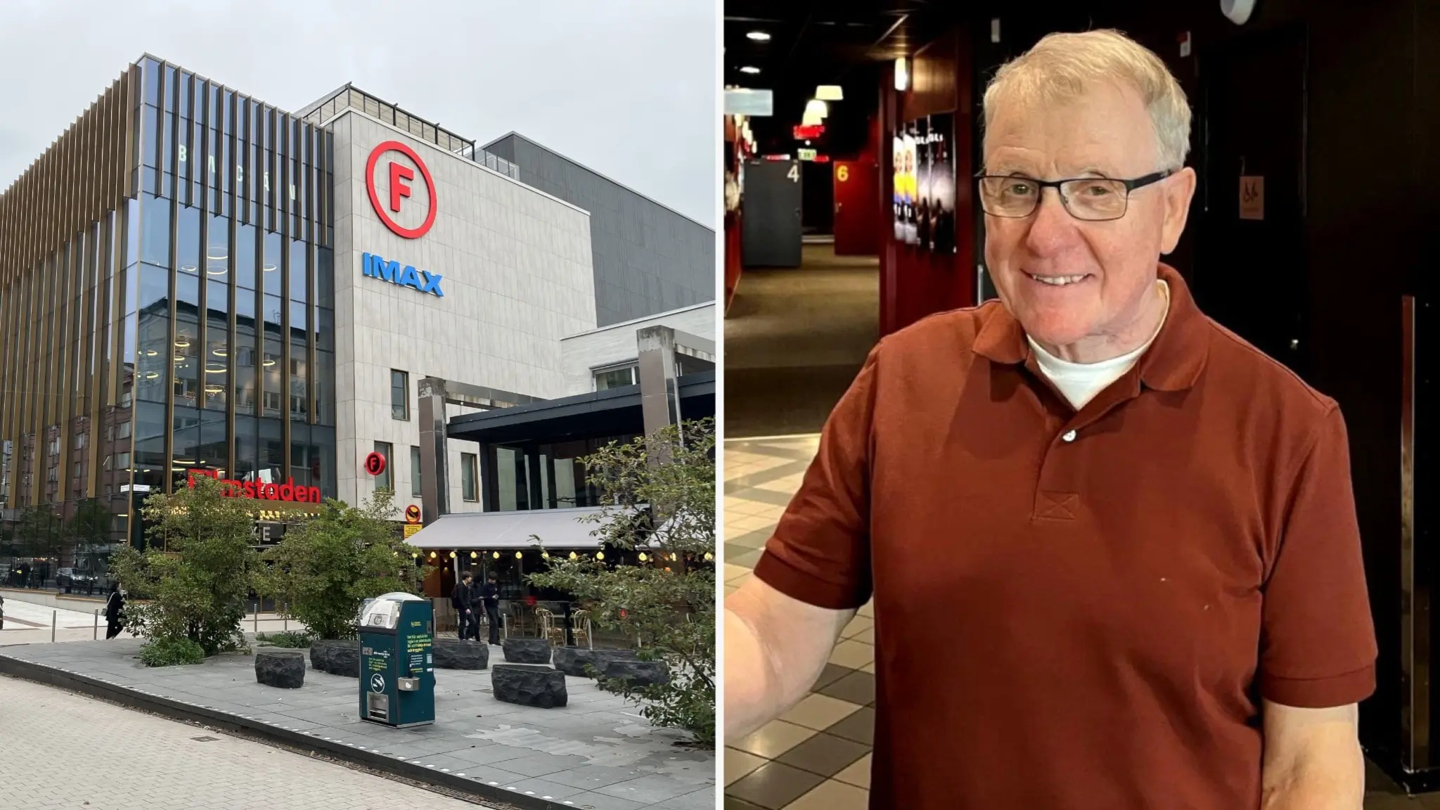 Till vänster syns fasaden av biografen Filmstaden med stor F-logotyp och entré, omgiven av träd och trottoar. Till höger står en person inomhus i en biografmiljö med mörk inredning.