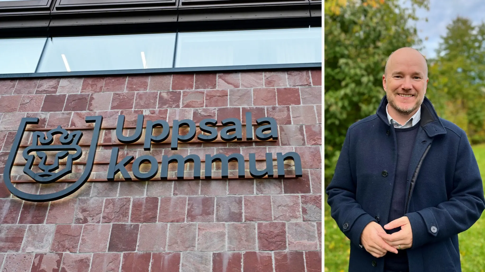 Bild av Uppsala kommuns byggnad med en tegelvägg och kommunens logotyp tydligt synlig. Till höger står en person utomhus i en park med gröna träd i bakgrunden, klädd i mörk kappa.
