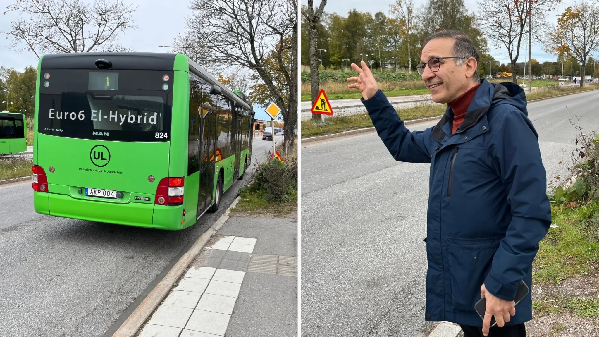 En grön elhybridbuss står vid en busshållplats på en landsväg omgiven av höstträd. En person i blå jacka gestikulerar vid vägkanten.