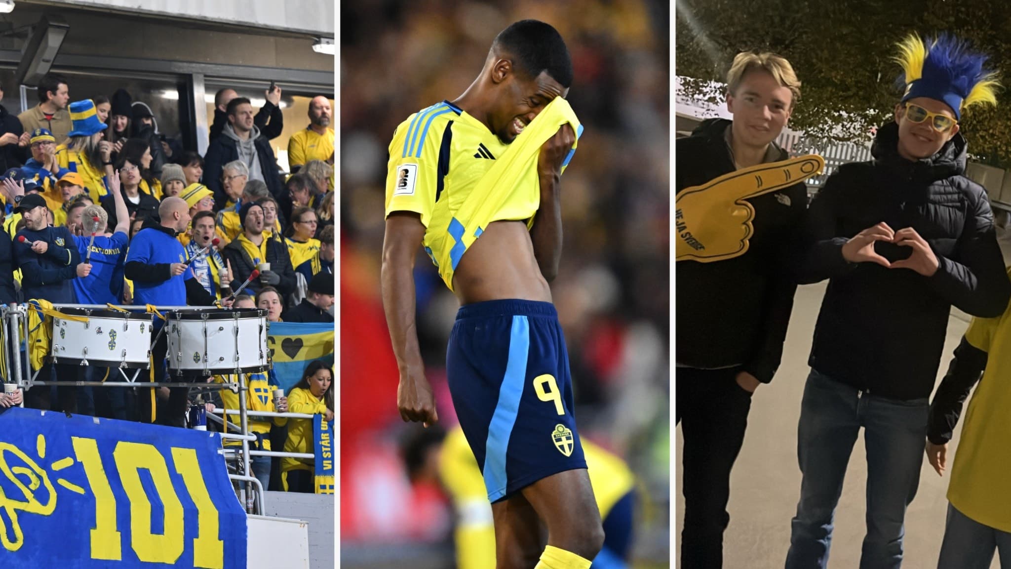 Bildcollage med tre sektioner: svenska fotbollsfans klädda i gult och blått på läktaren, en landslagsspelare med nedslagen blick på planen, samt Max Pettersson och Isak Winberg poserande med supporterutstyrsel.