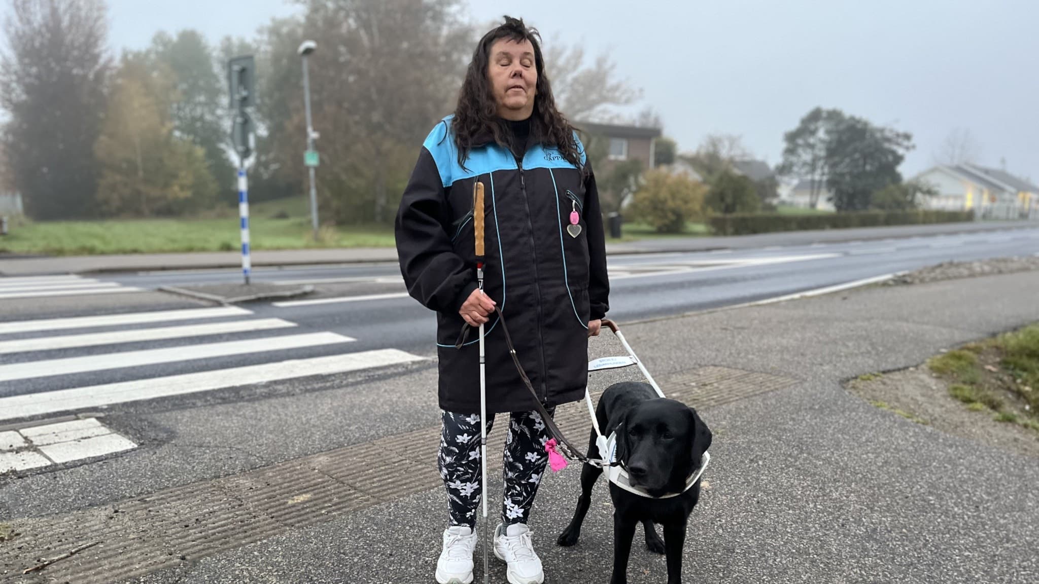Annette Änglahjärta, som är synskadad, står vid ett övergångsställe med sin ledhund Nita och en vit käpp. Bakgrunden visar en dimmig dag med träd och tomma gator.