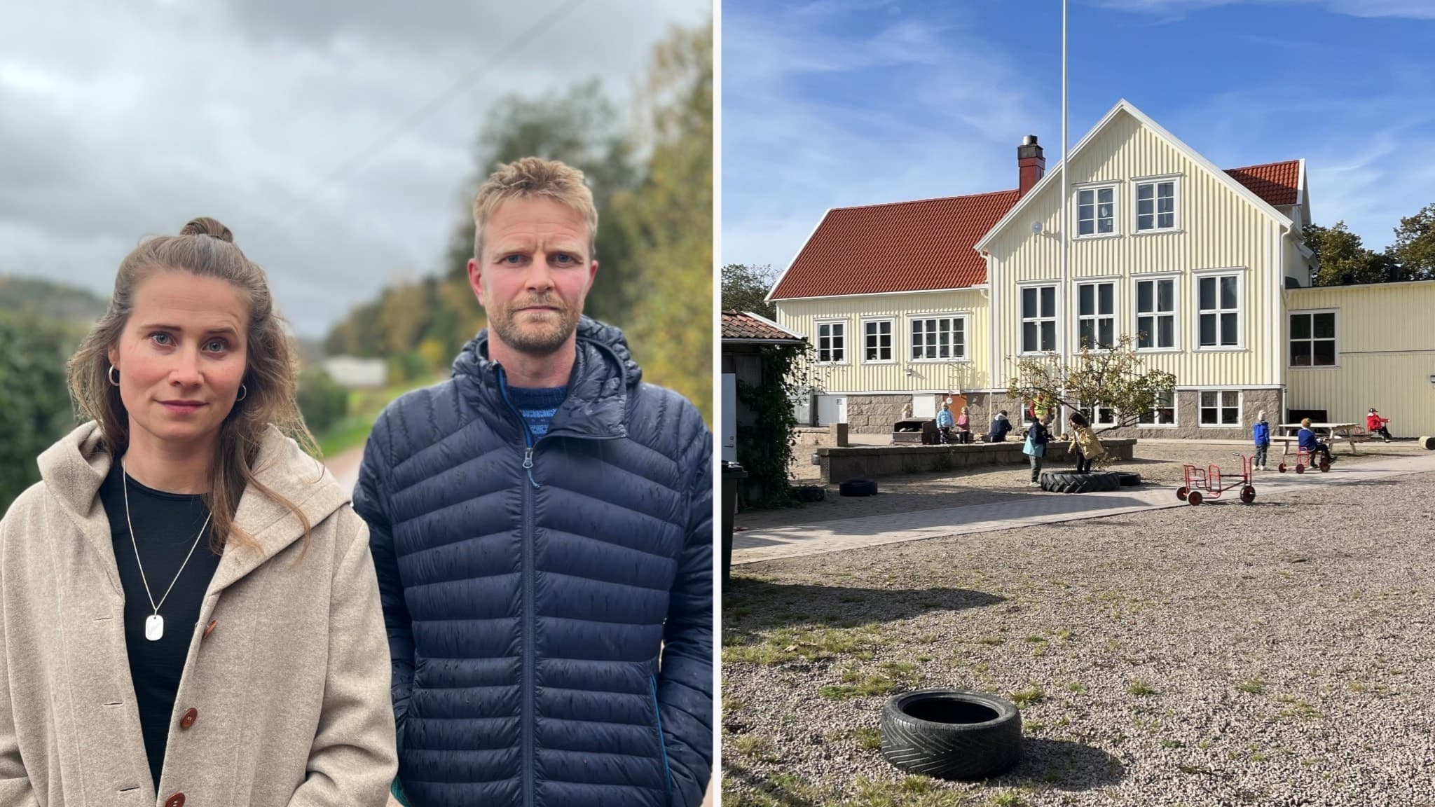 Kollage. Till vänster, Louise Staxäng och Hugo Hermansson, som bor i Brodalen, står utomhus på en väg som går mellan buskar och träd. Till höger, Bro skola, som är en stor gul byggnad med en skolgård framför.