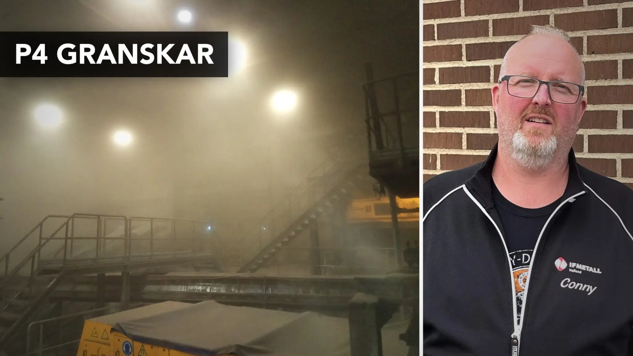 Conny Jönsson från IF Metall står framför en tegelvägg. Till vänster syns en industrimiljö med damm och metallkonstruktioner på Stena.
