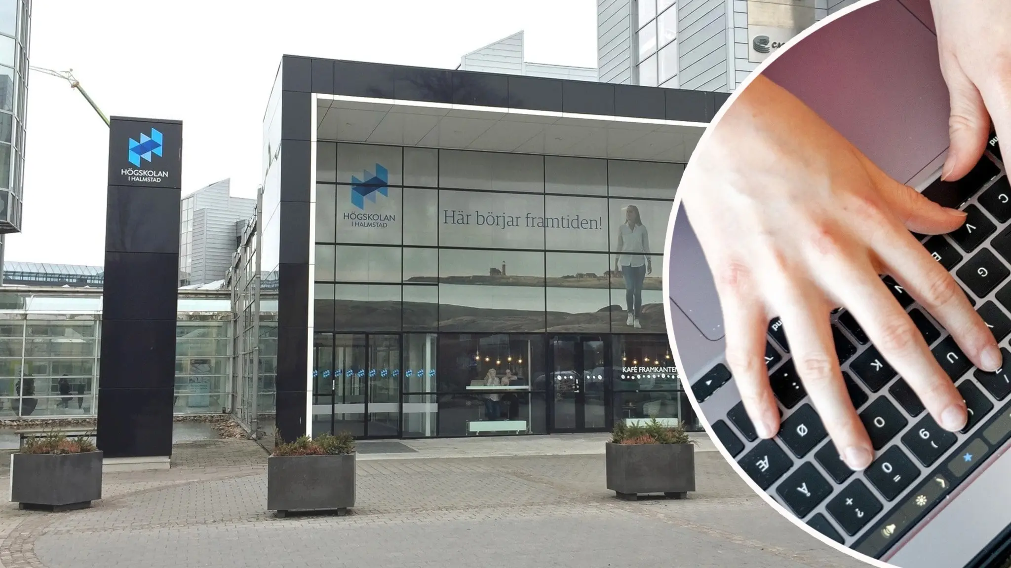 Högskolan i Halmstad utifrån sam infälld bild på händer på ett tangentbord.