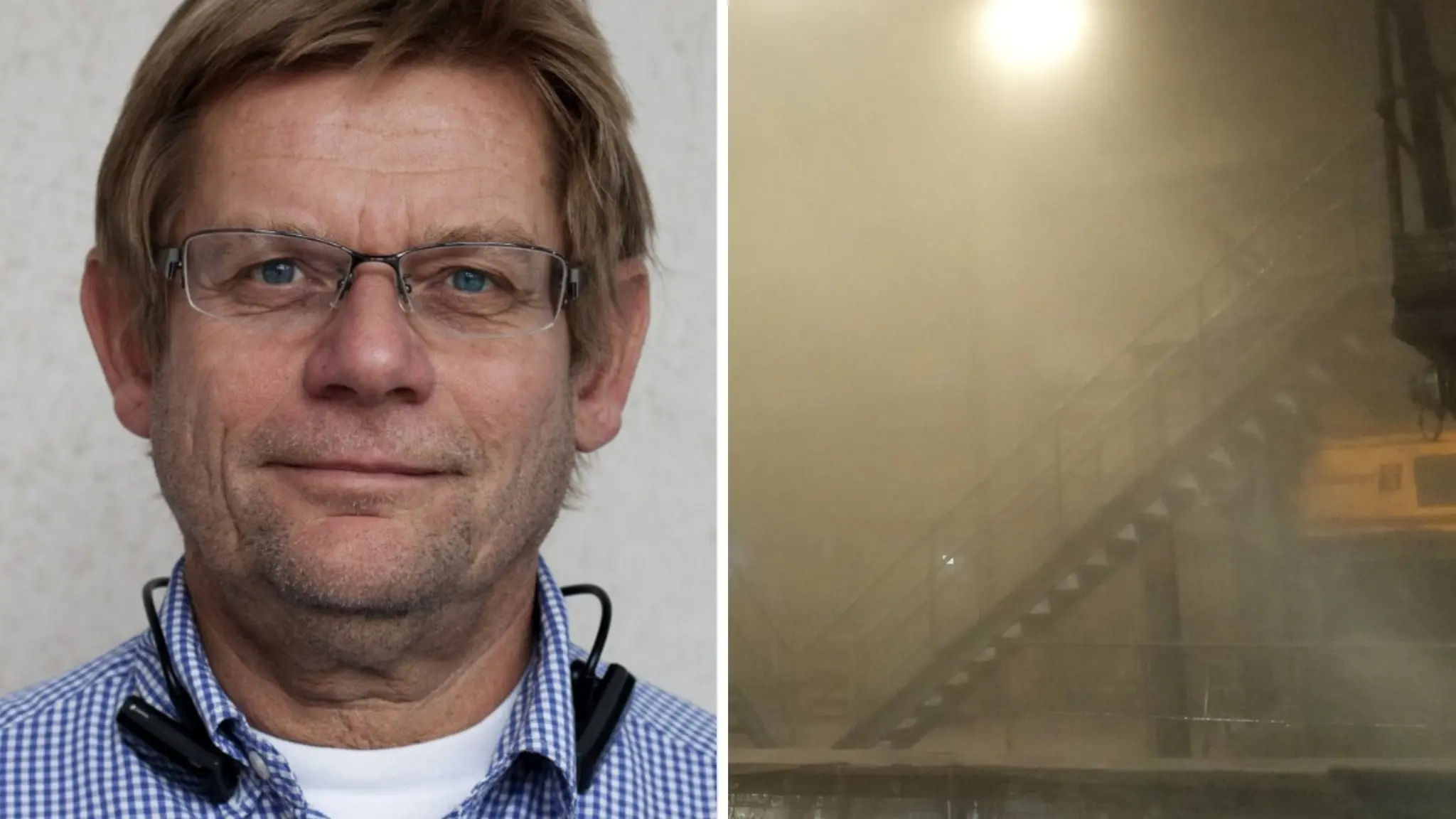 Till vänster syns en person i skjorta med hörlurar runt halsen, ansiktet är suddat. Till höger visas en dimmig utomhusmiljö med en trappa och svag belysning. Koppling till Karolinska institutet.