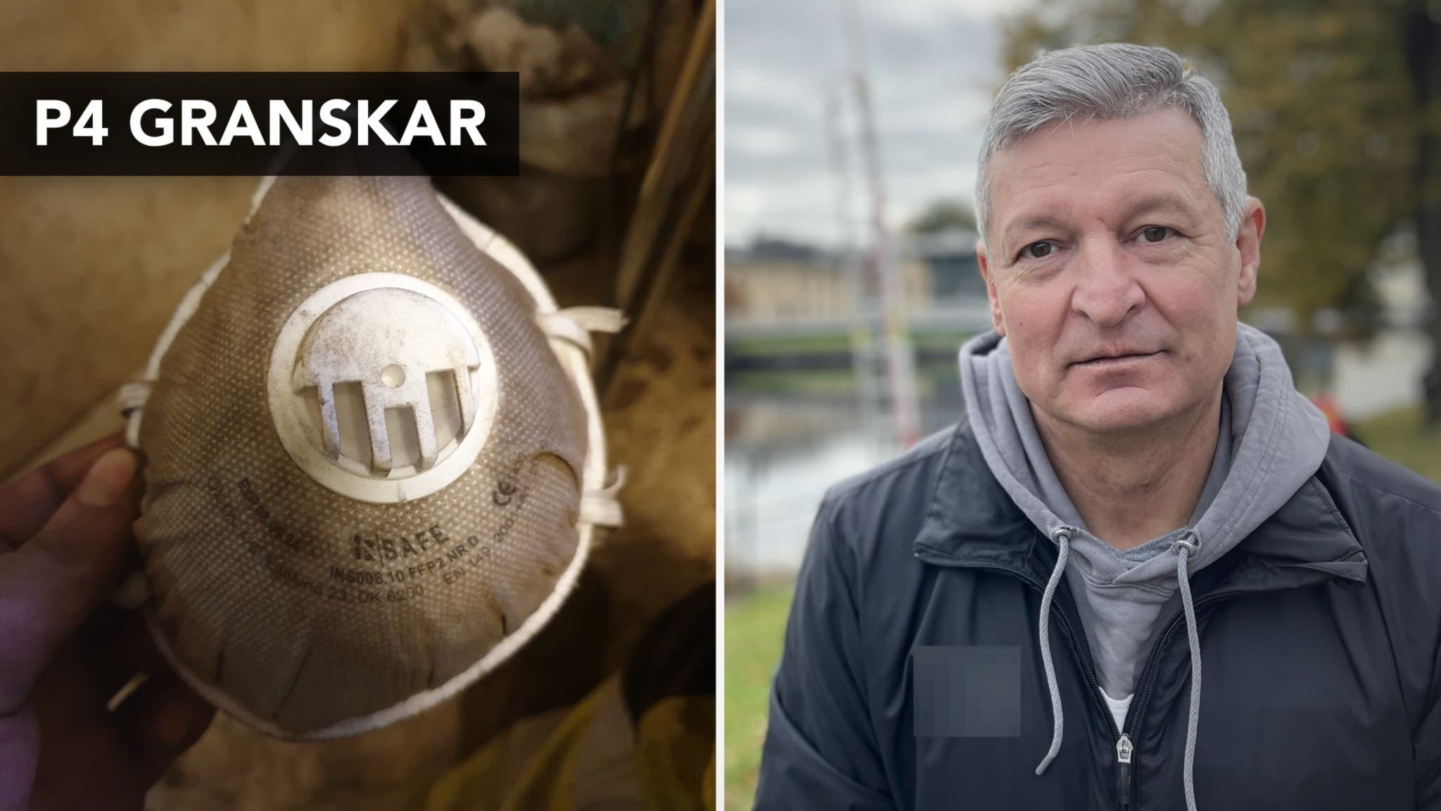 En sliten ansiktsmask använd på Stena Recycling i Halmstad, där skyddet inte filtrerade allt farligt damm. Masken visas i närbild bredvid tidigare anställde Djuri Sabo utomhus.