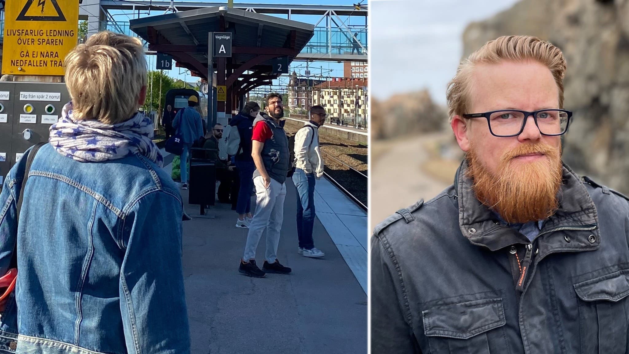 Till höger om Halmstad centralstation där resenärer står på perrongen står Anders Stabbforsmo från Trafikverket.  Han arbetar med kapacitetsanalyser.