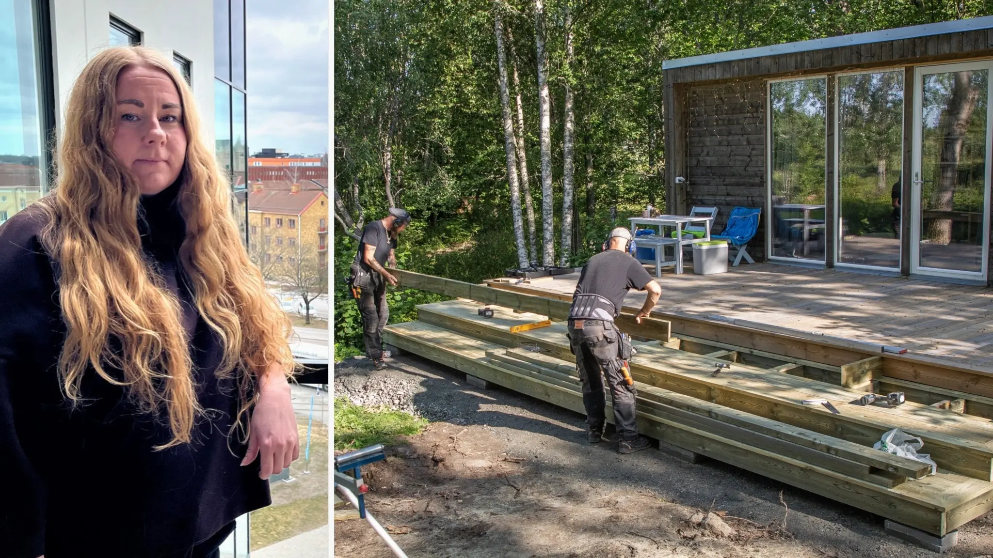 Josefin Hane, bygglovsstrateg på Örebro kommun, står vid ett fönster med utsikt över stadsmiljö. Till höger byggs en altan av två personer framför ett hus med stora glaspartier och omgivande grönska.