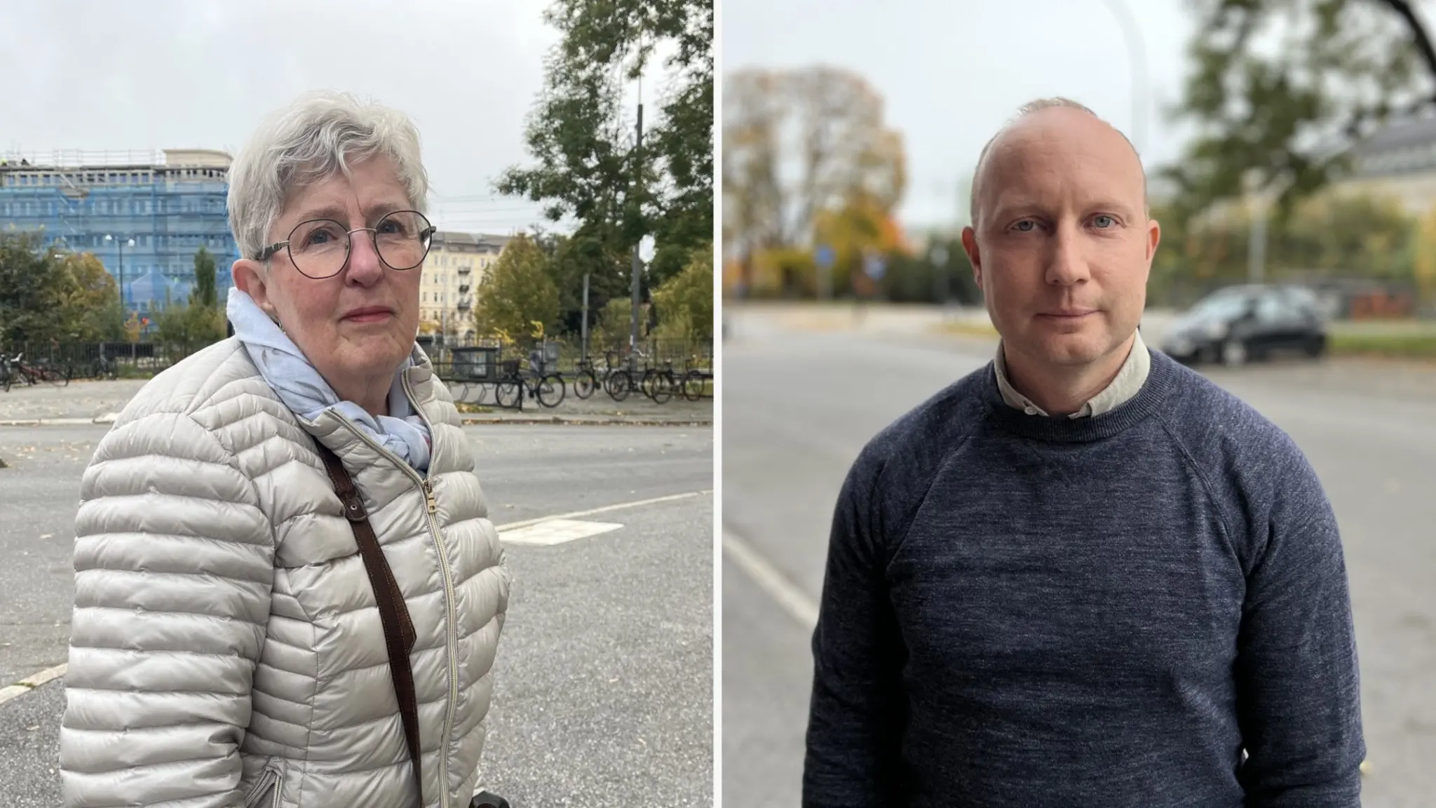Delad bild. Till vänster syns Eva Hedlund i ljus jacka och glasögon. Hon står utomhus med ett cykelställ, träd och byggnader i bakgrunden. Till höger syns Joakim Carlsson (S), vice ordförande i hälso- och sjukvårdsnämnden, i mörk tröja med skjorta under. Han står utomhus med en bil, träd och byggnader i bakgrunden. 