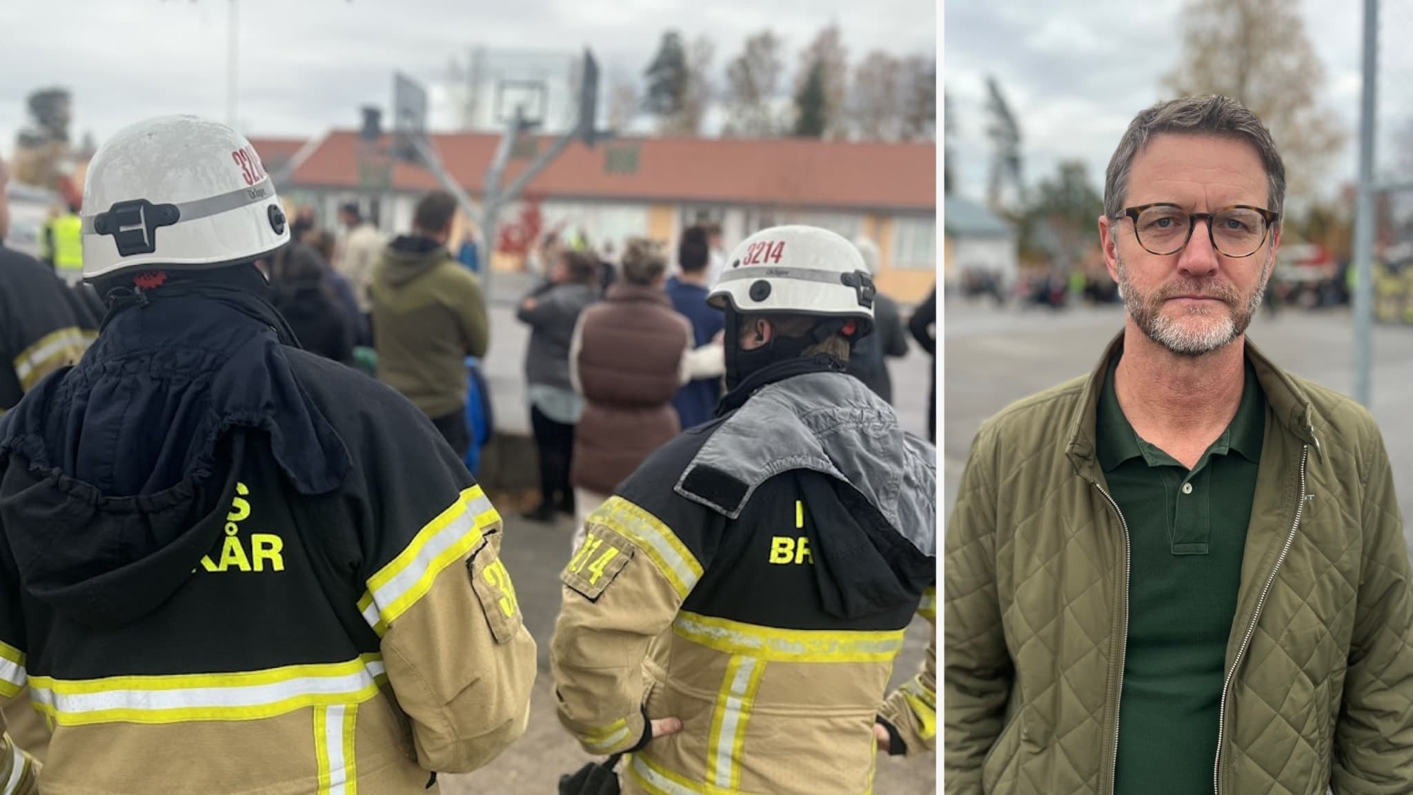 Brandmän i uniform står på en skolgård i Lindesberg under en aktivitet. I bakgrunden syns en skolbyggnad och en grupp människor samlade. Mikael Tybell, skolchef, deltar i händelsen.