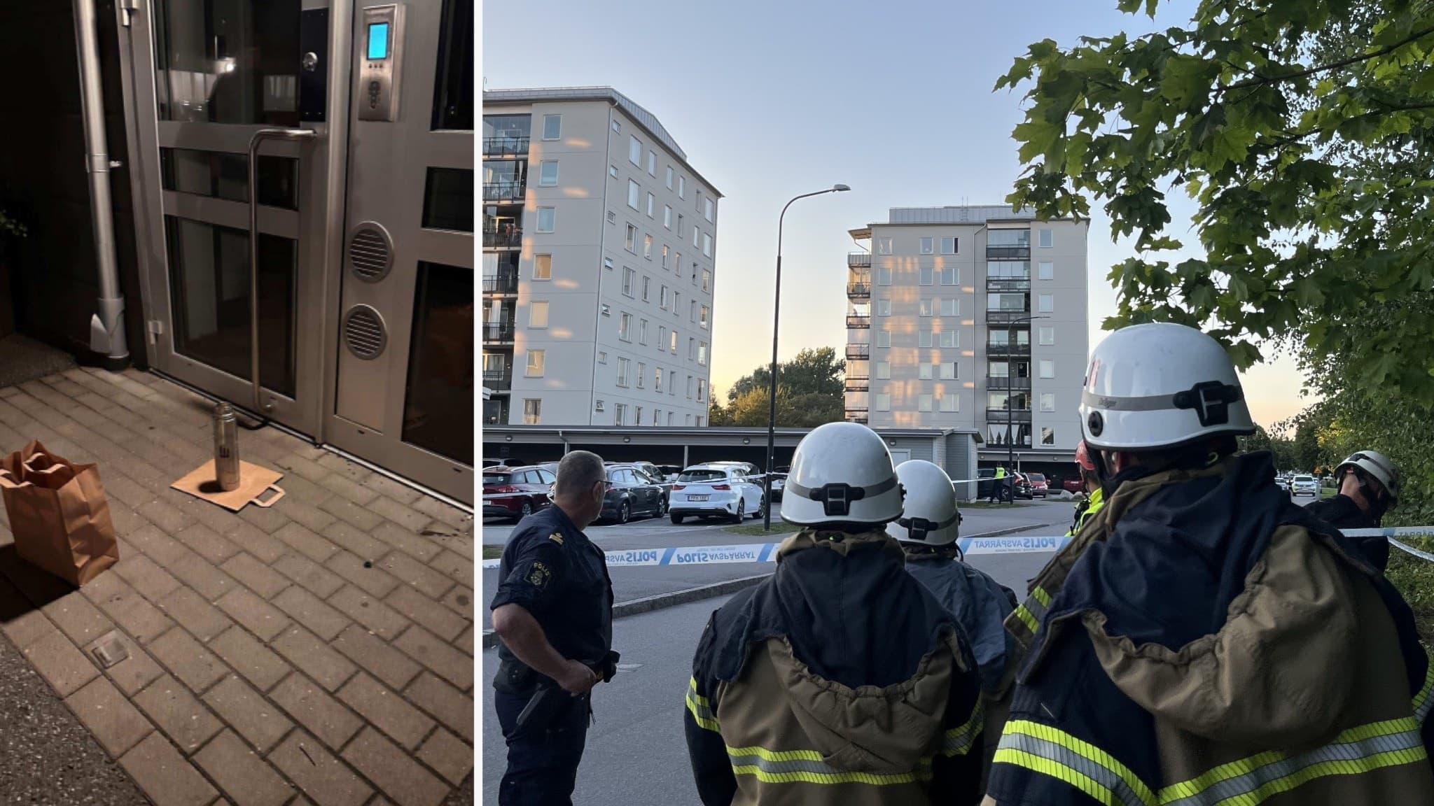 Bild från Markbacken med räddningstjänst på plats. Till vänster syns en misstänkt föremål vid en port, till höger står brandmän vid flerbostadshus. Händelsen utreds av myndigheter.