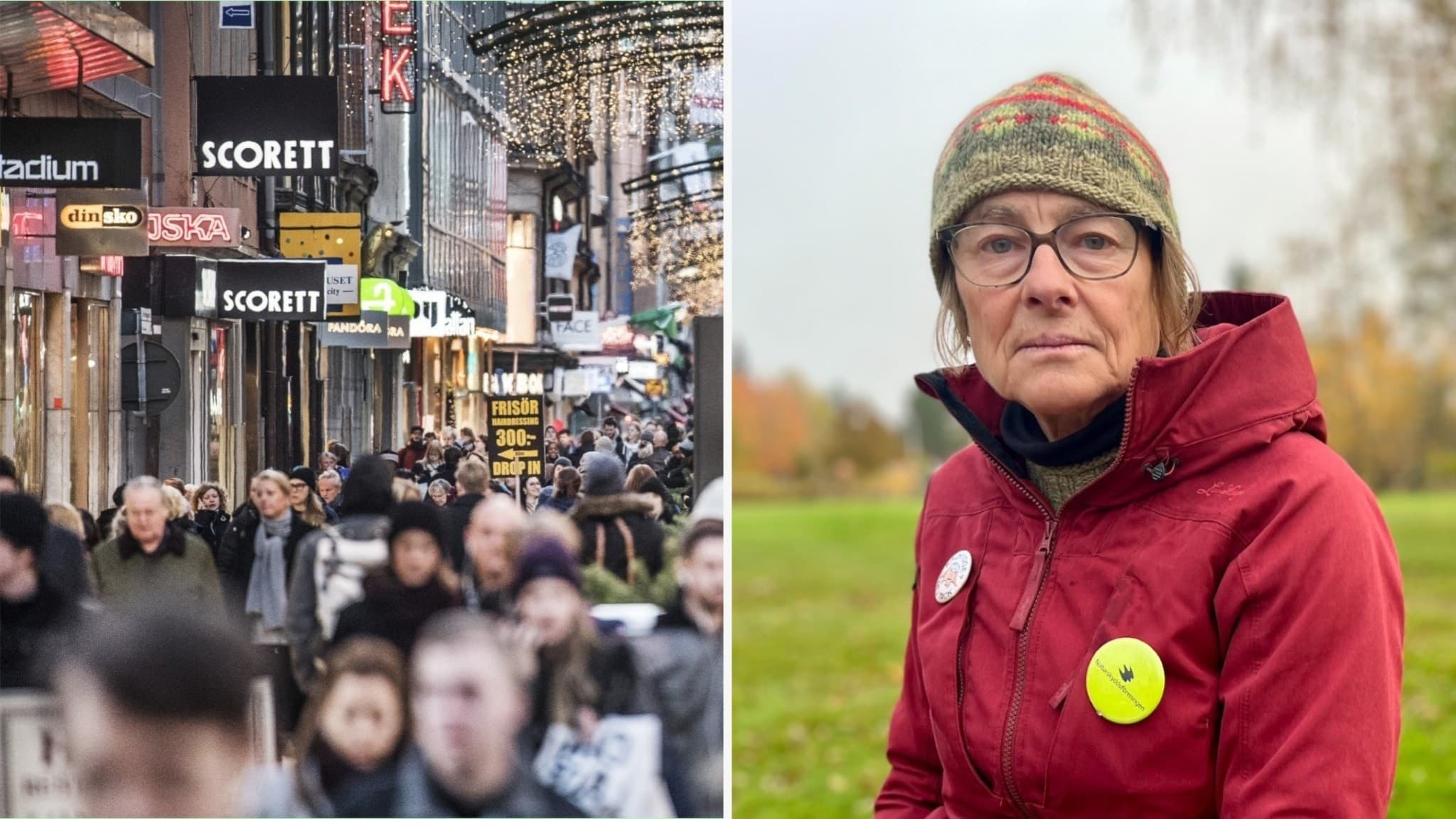 Bild delad i två delar: till vänster en livlig shoppinggata med många människor och skyltar från butiker som KORVETT och TEKOETT; till höger en person i röd jacka utomhus, omgiven av grönska.