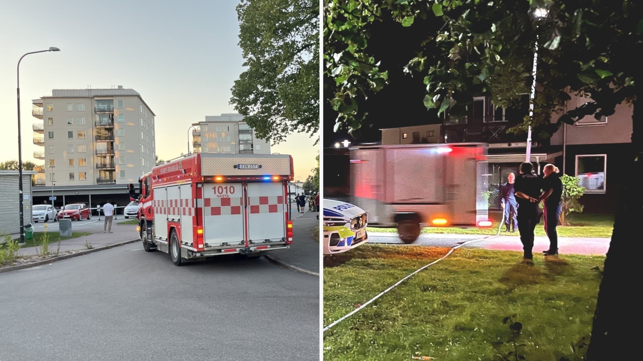 Bildkollage från Markbacken i Örebro. Till vänster en brandbil framför ett lägenhetshus, till höger poliser och utryckningsfordon i mörker efter en bombinsats.