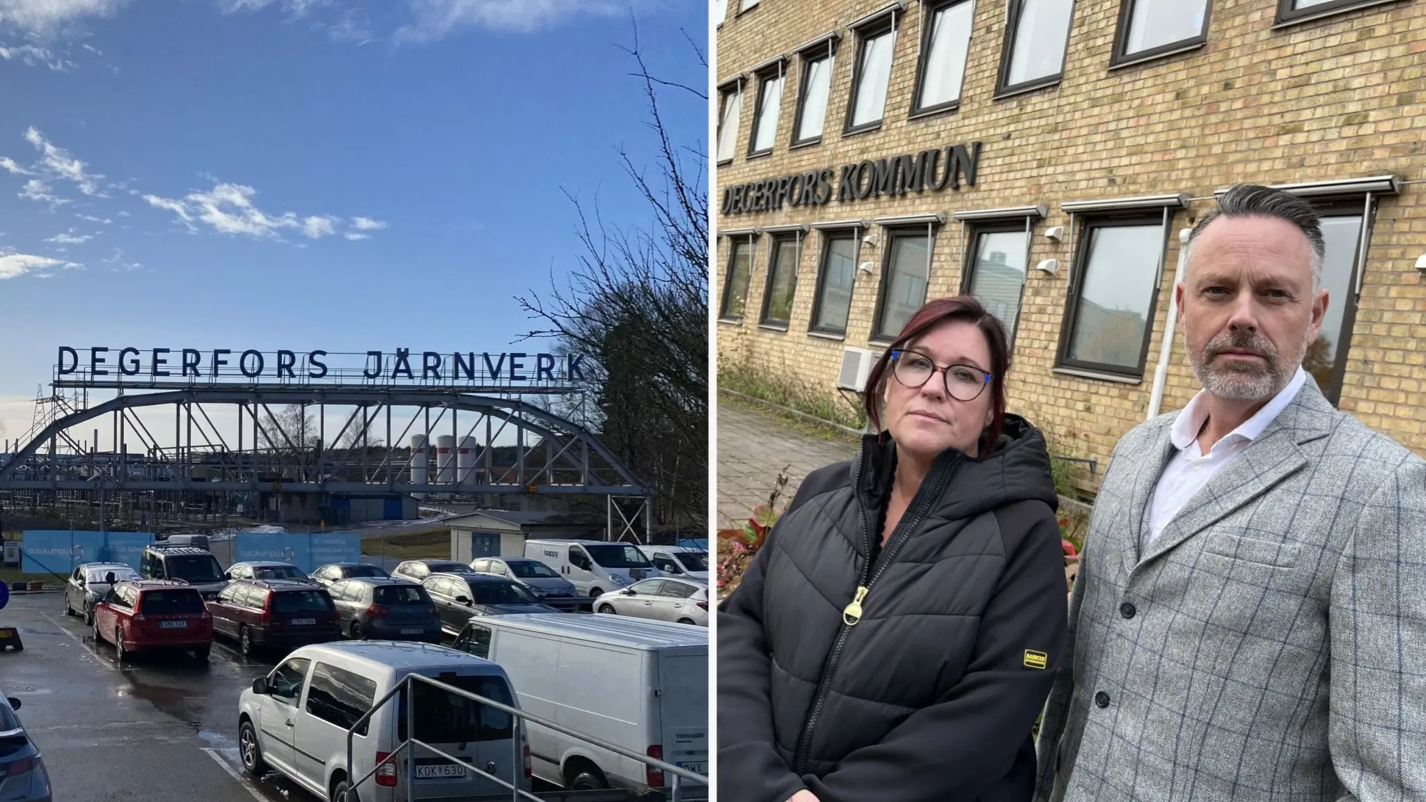 Till vänster syns Degerfors järnverk med bilar parkerade framför byggnaden, till höger två personer framför en tegelbyggnad med texten Degerfors järnverk tydligt synlig.