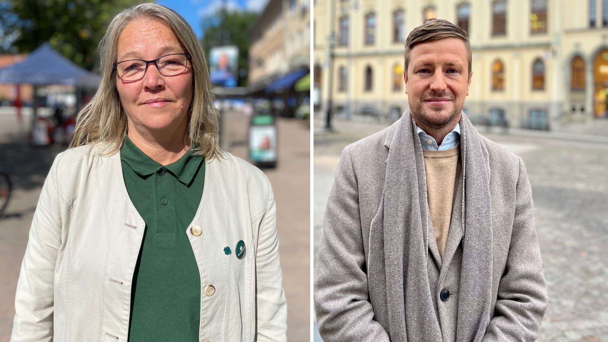 Till vänster: Kvinna med glasögon och grön pikétröja. Till höger: Man med grå rock och halsduk.