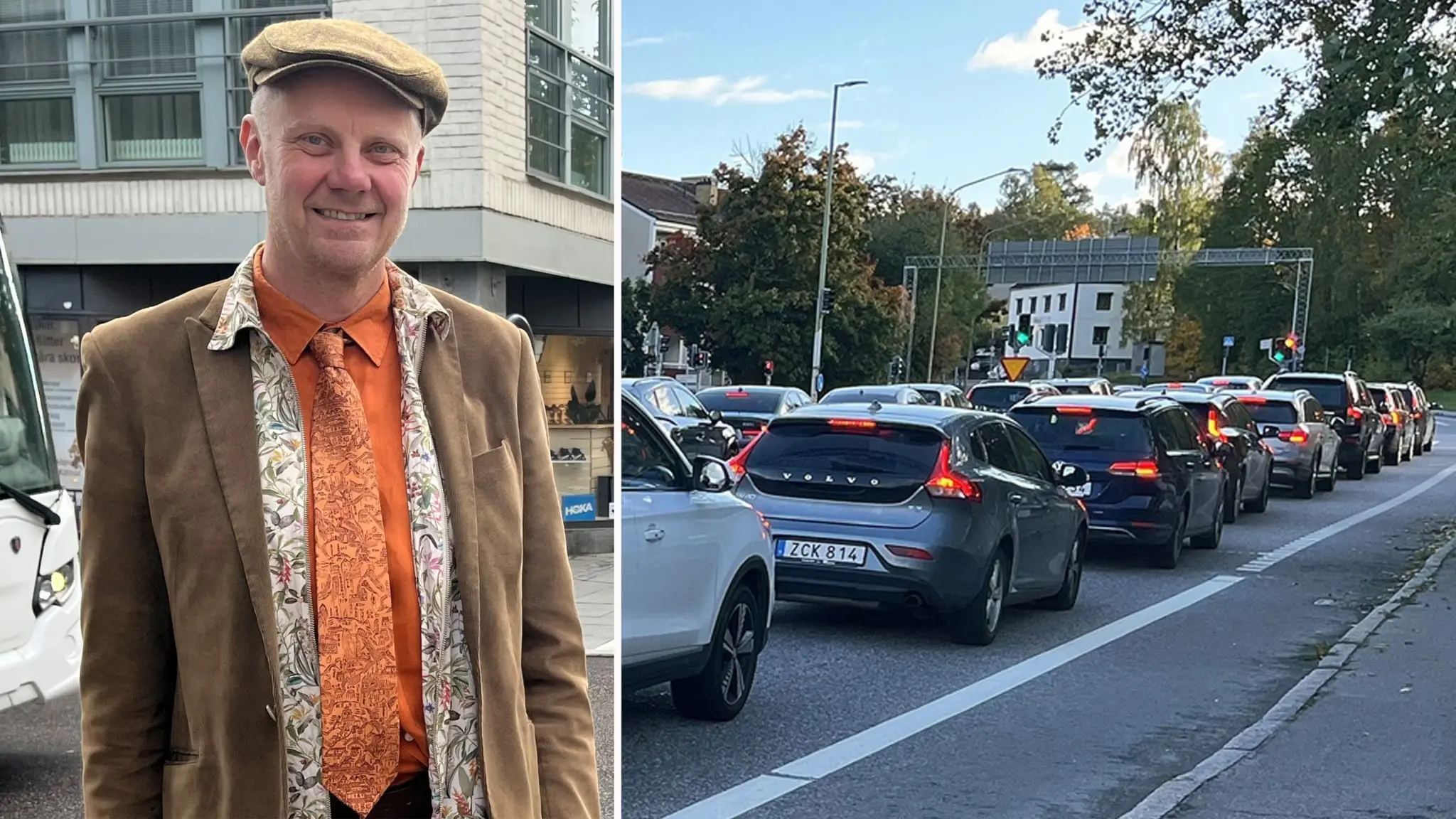 Gunnar Gustafsson (MP) står utomhus i hatt och brun kavaj. Till höger syns bilköer på Söderleden i Linköping under rusningstid, med flera bilar i en tät trafikström.