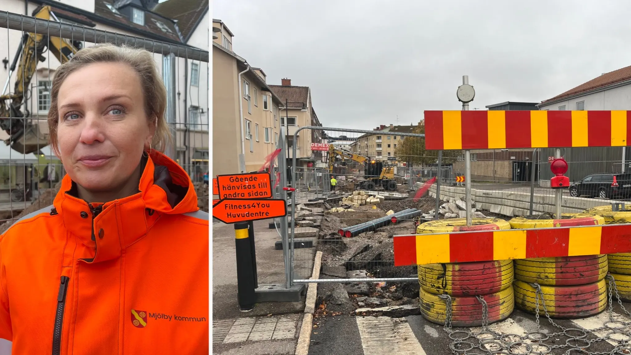 Vägunderhåll på Kungsvägen i Mjölby, där gatan är uppgrävd och avspärrad med varningsskyltar och barriärer. En person i orange arbetsjacka syns bredvid bilden av arbetsområdet.