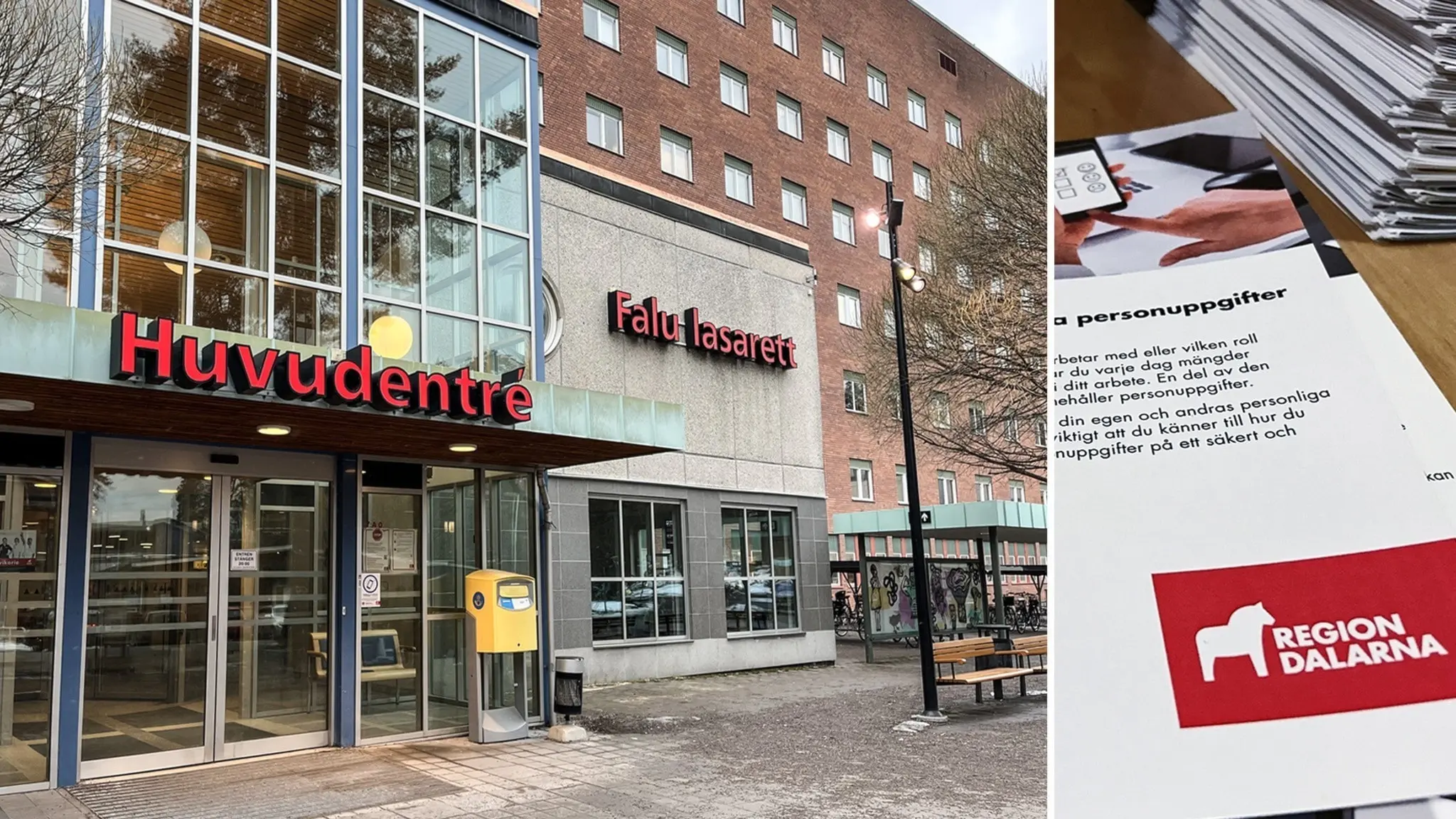 ett röd tegelbyggnad med en inglasad entré samt en hög med papper där det står Region Dalarna.