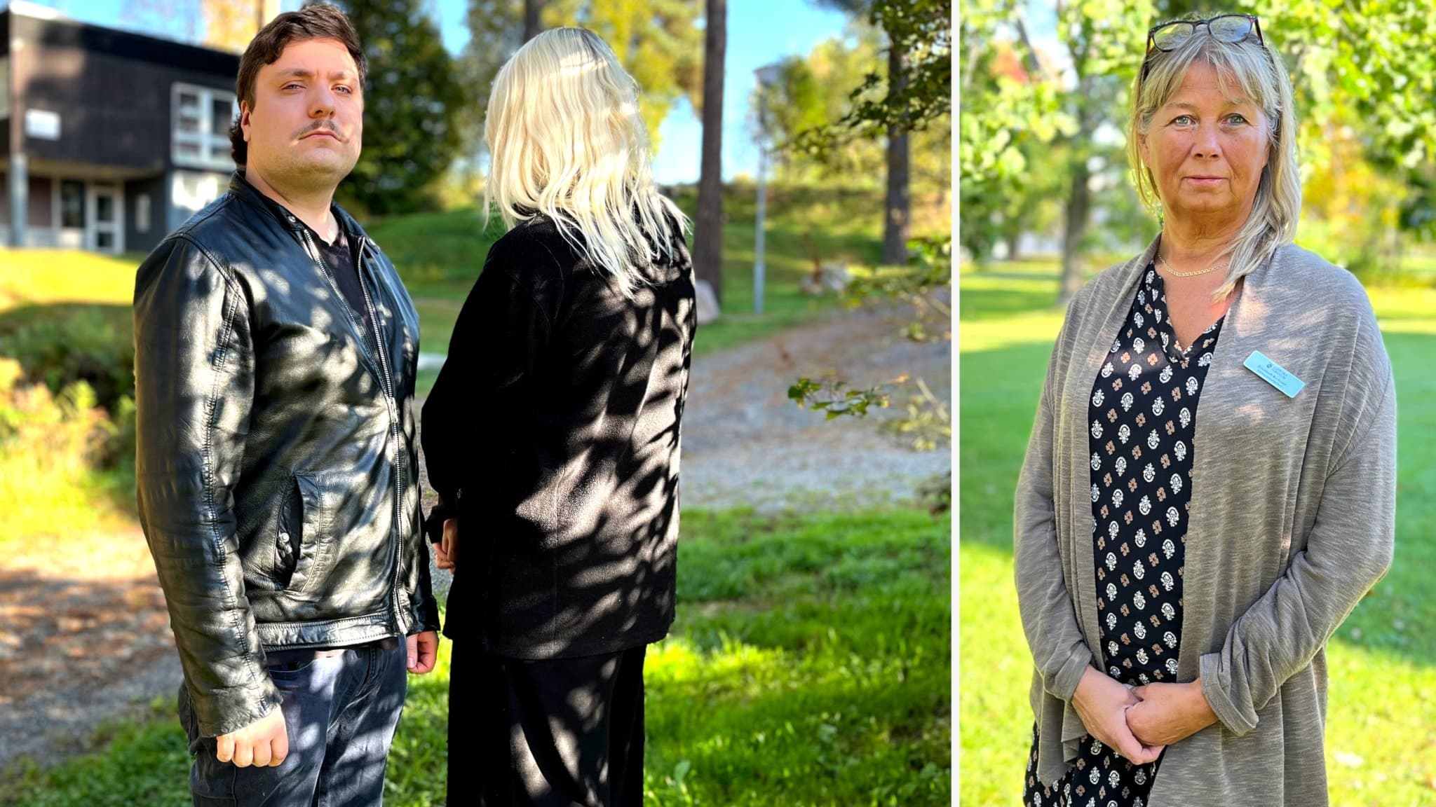 Två bilder. På den till vänster en man i svart jacka som tittar i kameran, och en blond kvinna i svart tröja som står med ryggen mot kameran. De står ute i ett grönt parkliknande område. Till höger en kvinna med glasögon och namnskylt.