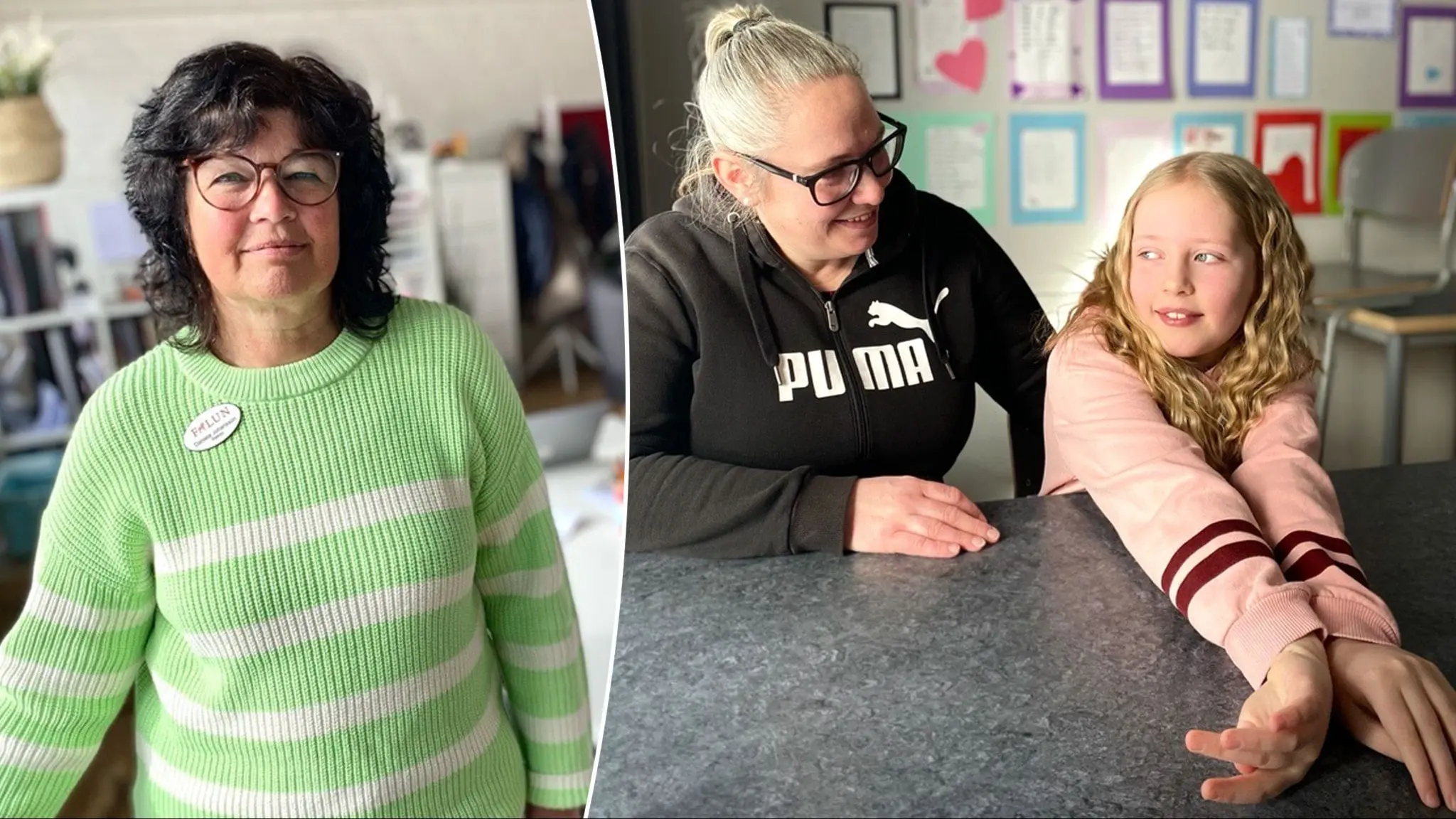 Mörkhårig kvinna i grön tröja, och lockig flicka i rosa som tittar ut genom fönstret, mamma sitter intill och sneglar på henne.