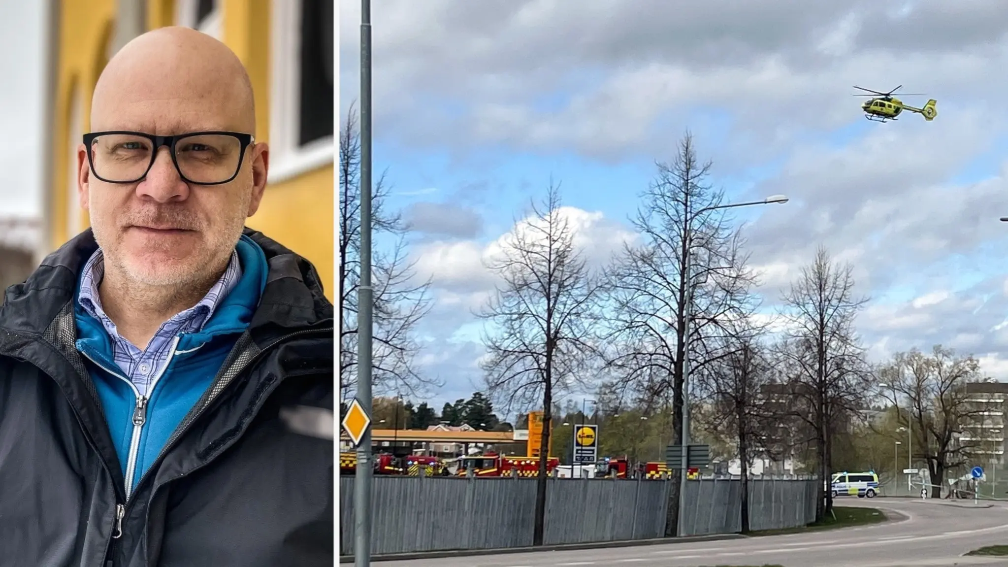 Jens Skantz, utredare på Arbetsmiljöverket, står framför en gul byggnad. Till höger syns en ambulanshelikopter flyga över ett område med brandbilar och en bensinstation i bakgrunden.
