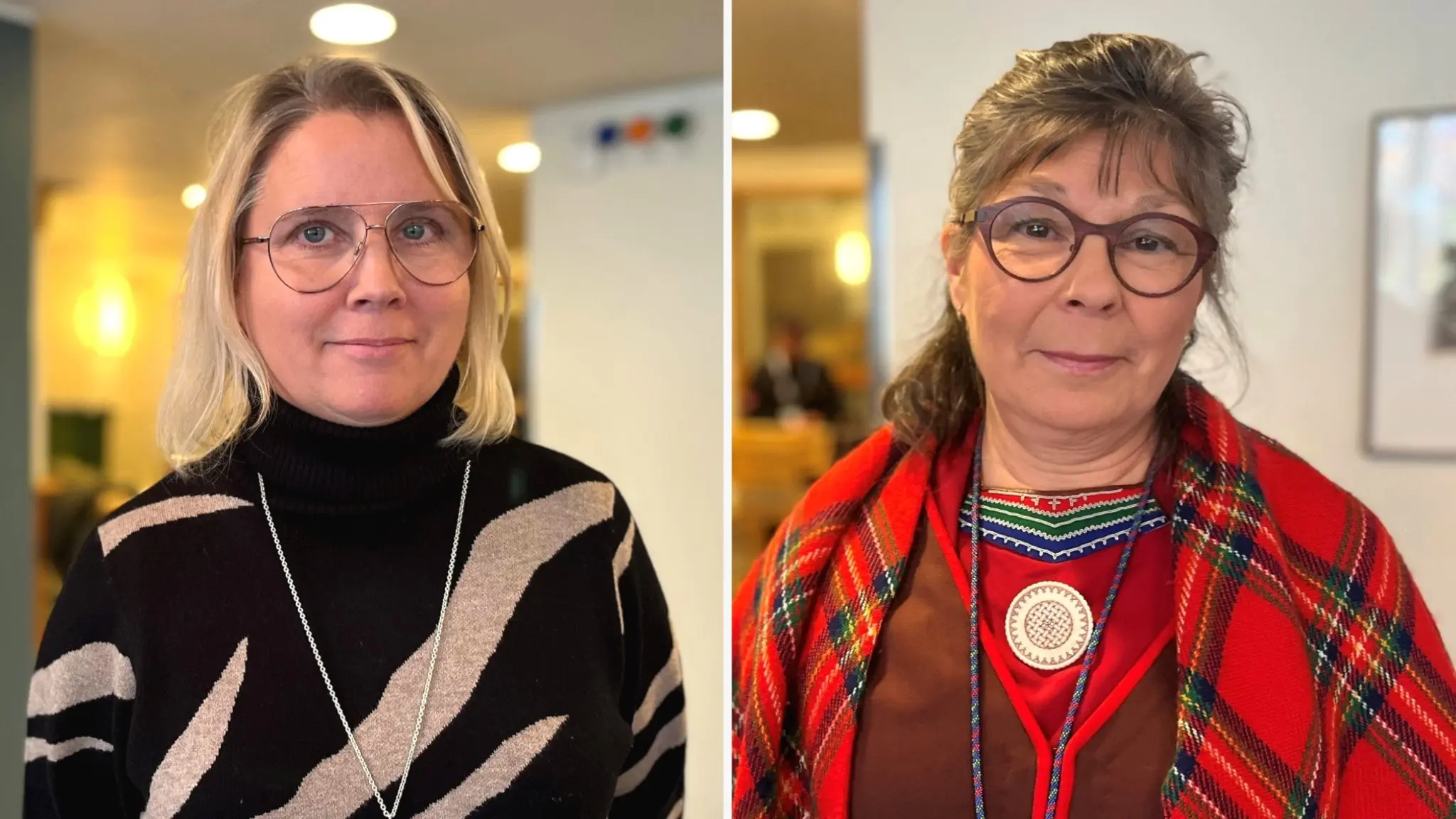 Två kvinnor med glasögon kollar in i kameran.