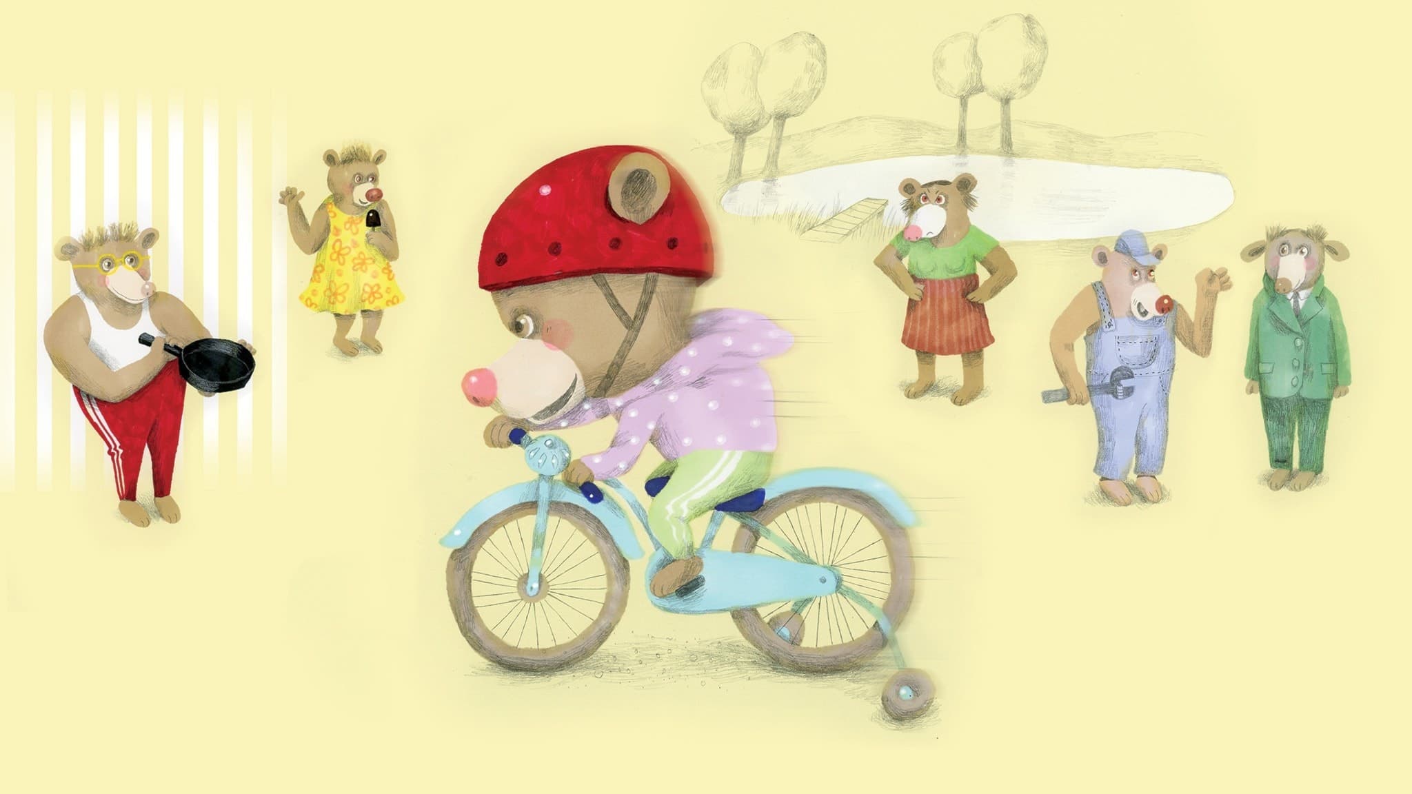 Nalle cyklar snabbt på sin cykel. Illustration: Lotta Geffenblad