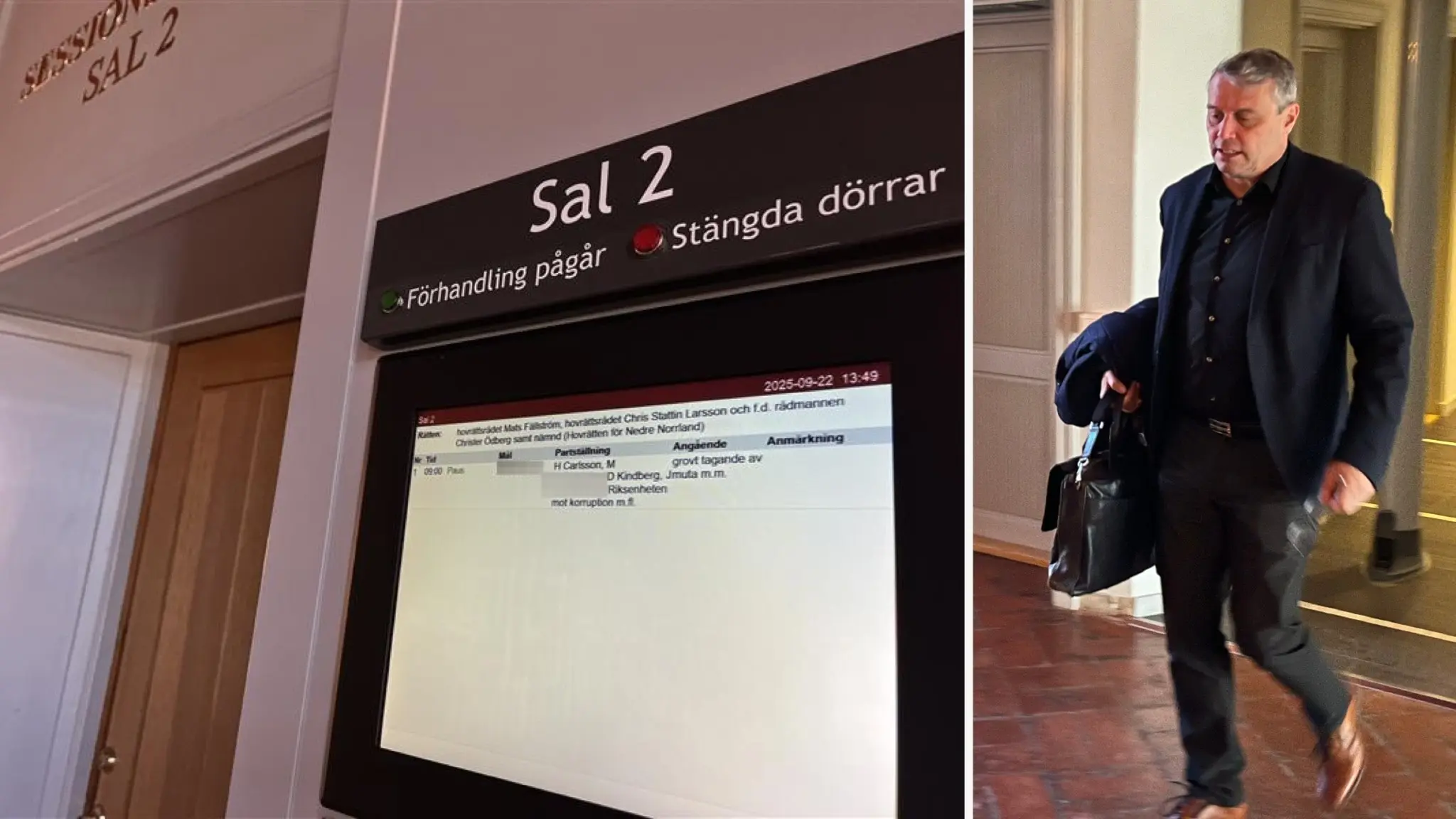 Daniel Kindberg anländer till Hovrätten i Sundsvall. Bilden visar en skylt för Sal 2 och Kindberg med portfölj, klädd i mörk kostym, på väg in i rättssalen.