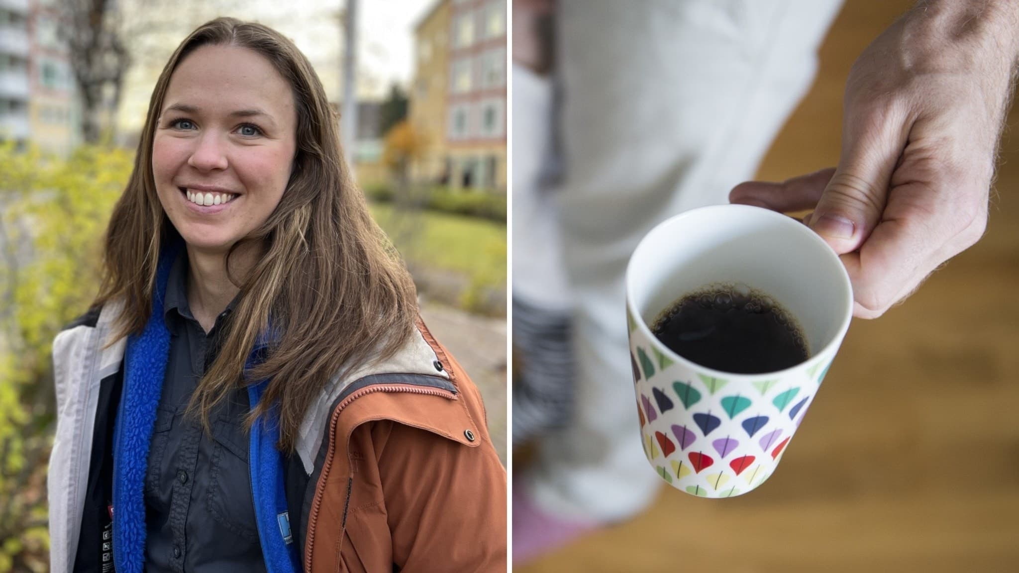 En bild på en kvinna i brunt hår, som står på en gångväg med björkar i bakgrunden. Till höger en person som håller i en kaffekopp.