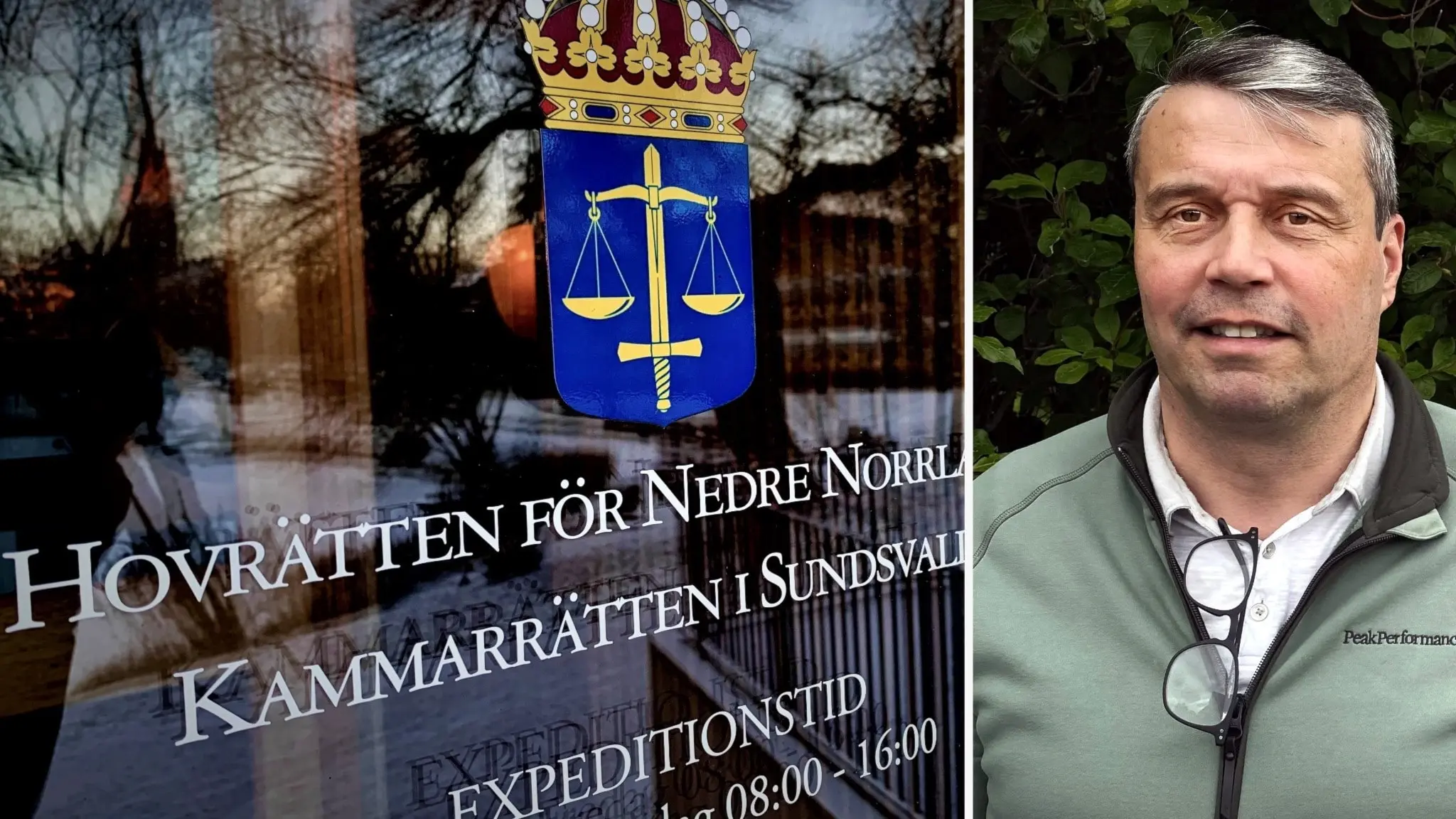Hovrätten för Nedre Norrland i Sundsvall, med skylt på glasdörr som visar domstolens namn och emblem, speglande träd i glaset. Daniel Kindberg i grön tröja står bredvid dörren.